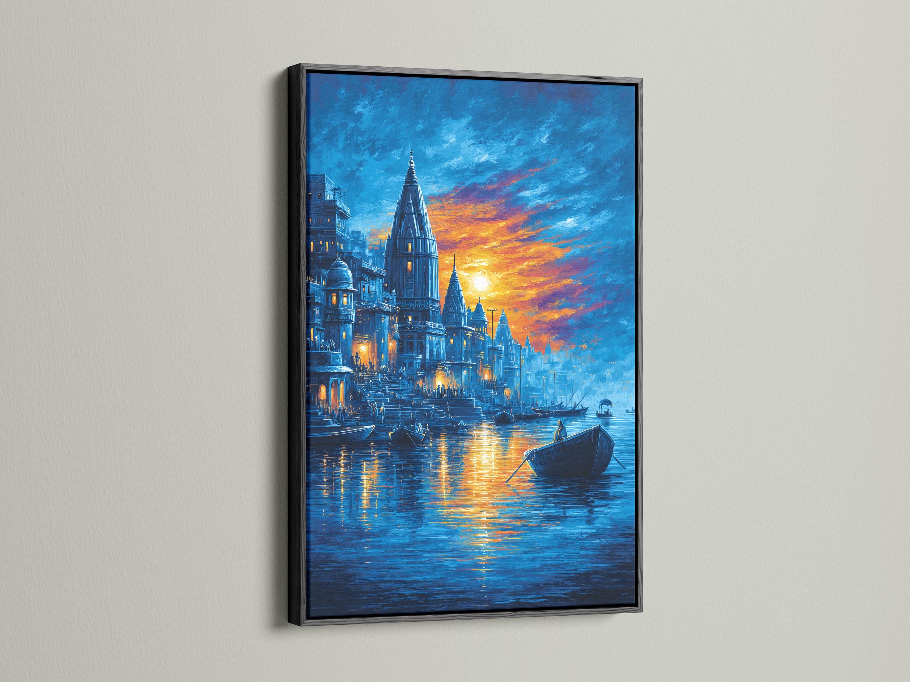 Blue sunset cityscape with temple-like towers above a river, boats, and golden reflections detail view
