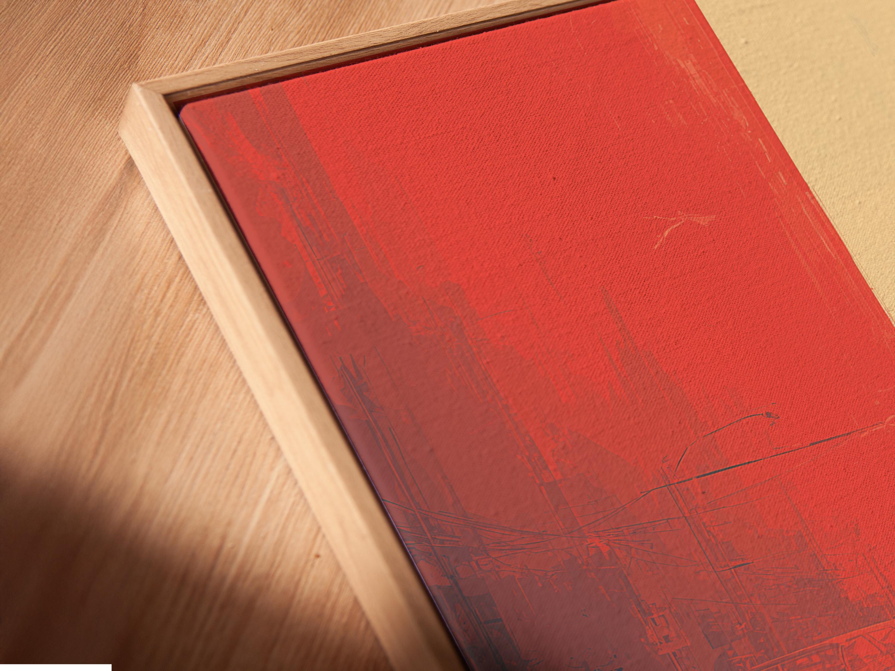 Portrait artwork showing a solitary figure walking away through a red and blue urban-style scene detail view