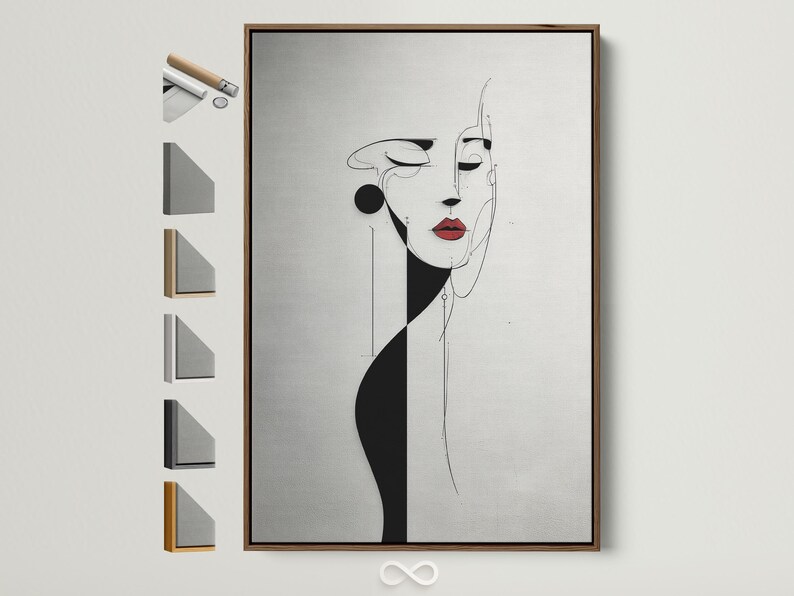 Minimalist black and white line-art woman face with red lips accent