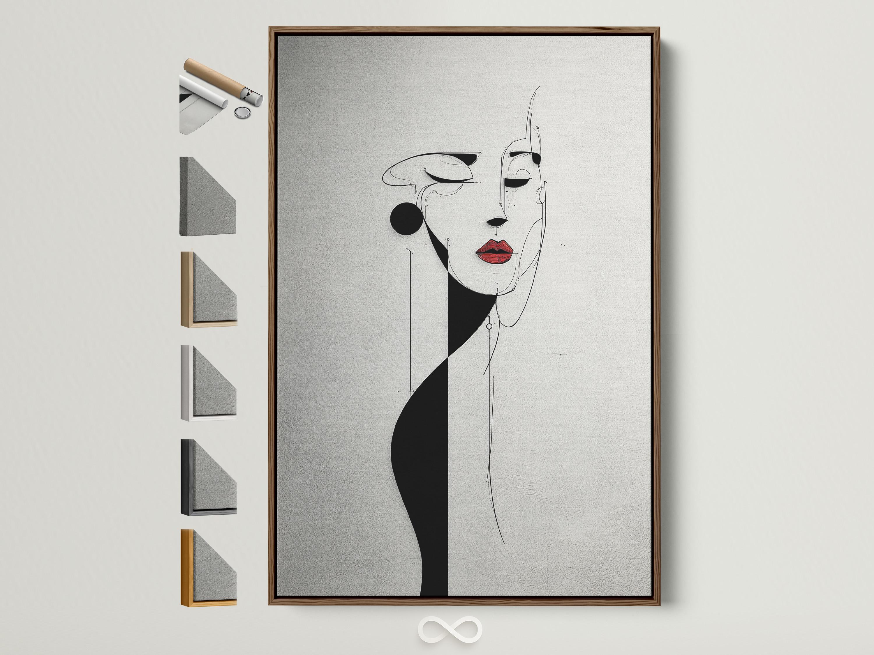 Minimalist black and white line-art woman face with red lips accent