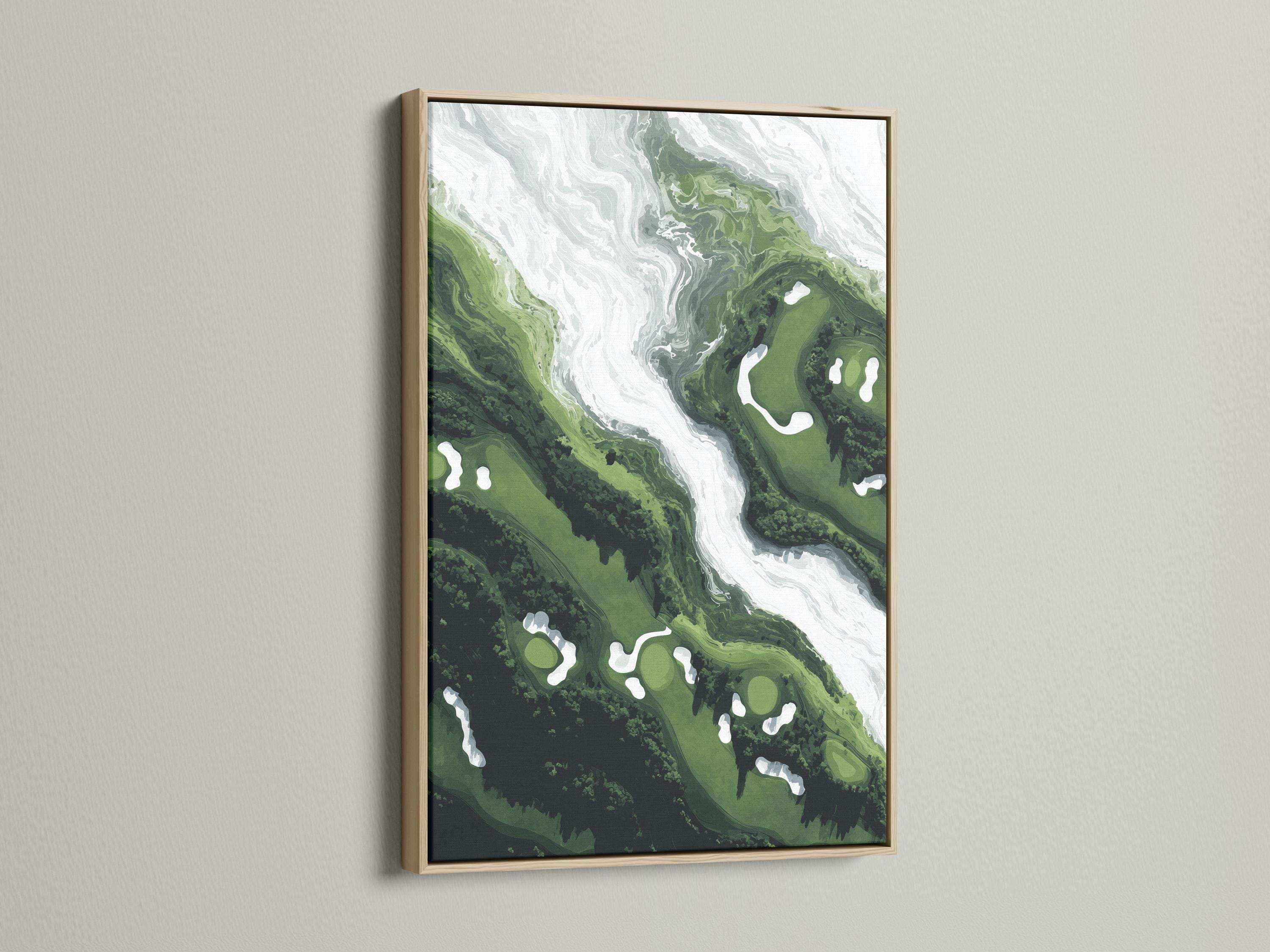 Green and white semi-abstract aerial landscape with a winding pale channel through layered terrain detail view