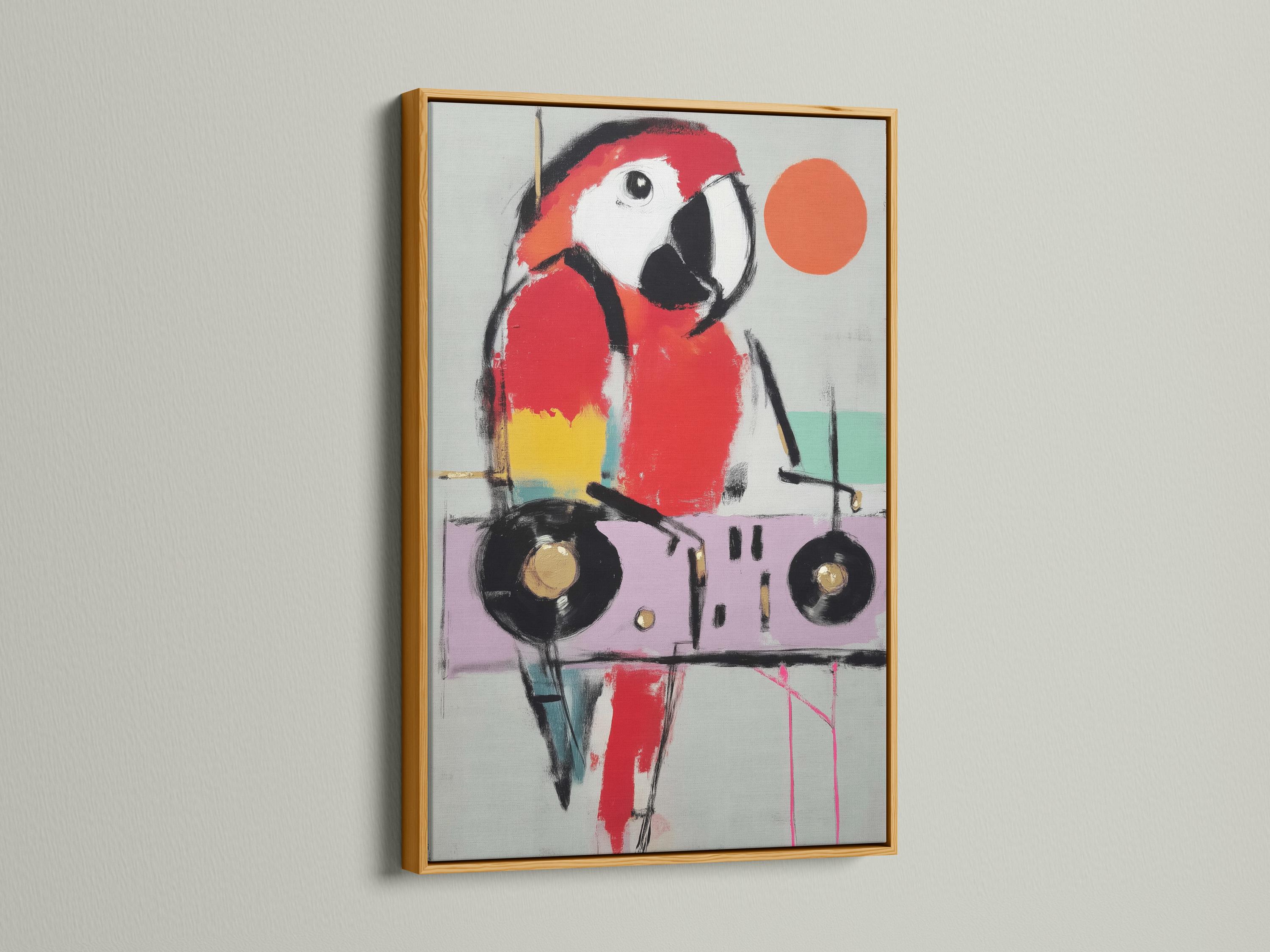 Stylised parrot bird portrait in red and black with a large orange circle accent detail view