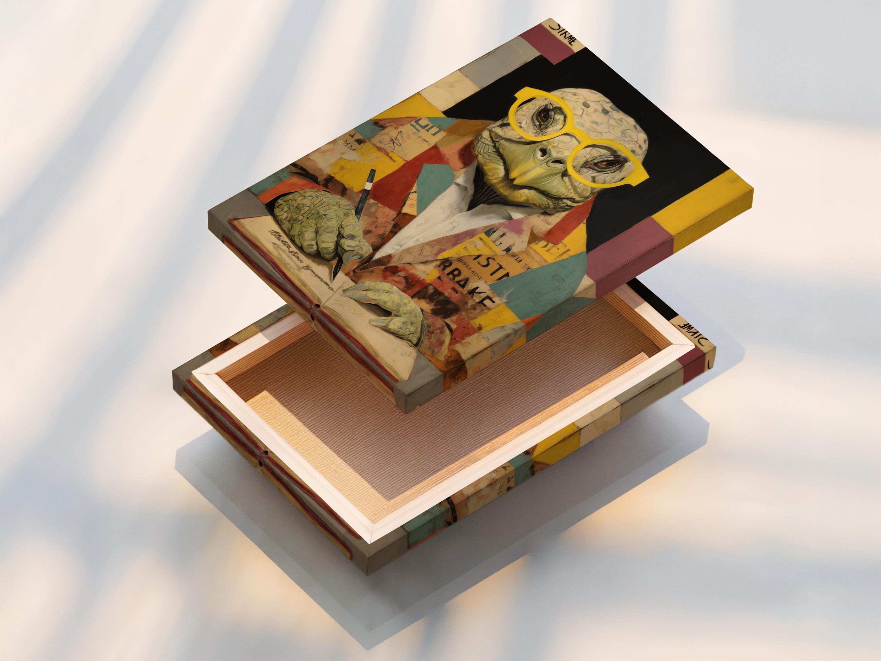 Collage-style turtle wearing yellow round glasses at an open book with patchwork background detail view