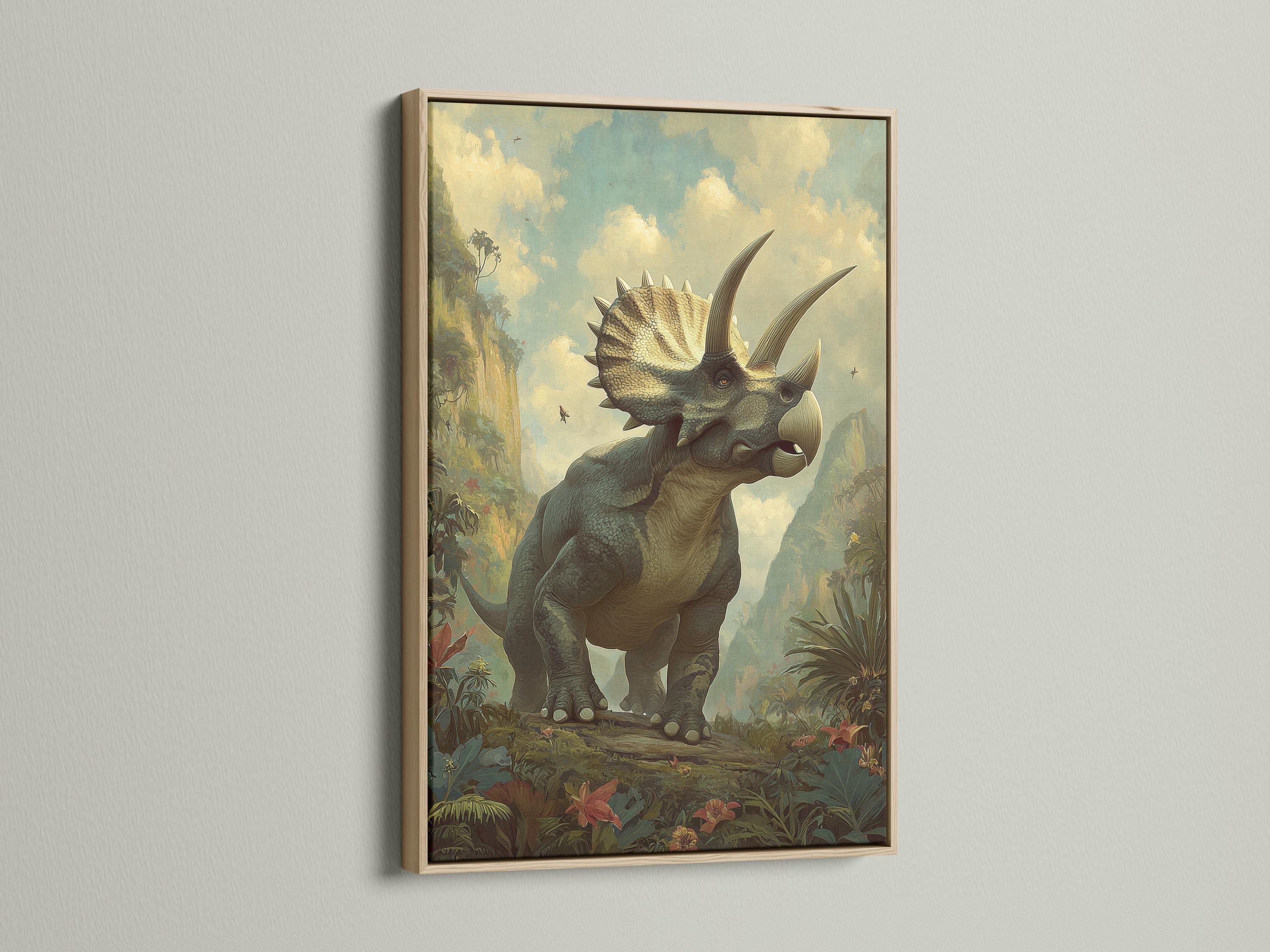 Triceratops standing in a prehistoric jungle with muted green foliage and a pale sky detail view