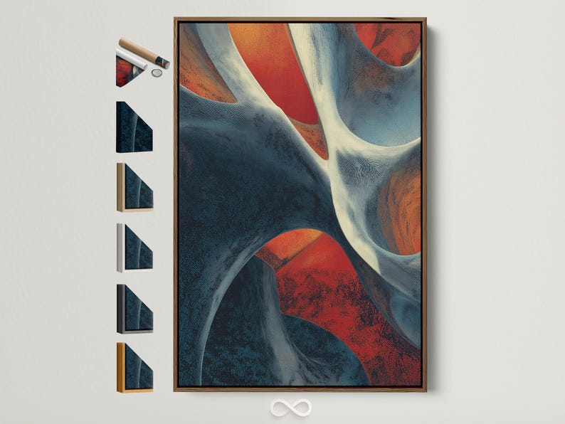Abstract geometric artwork with indigo and blue curved ribbons, cream highlights, and coral-red accents