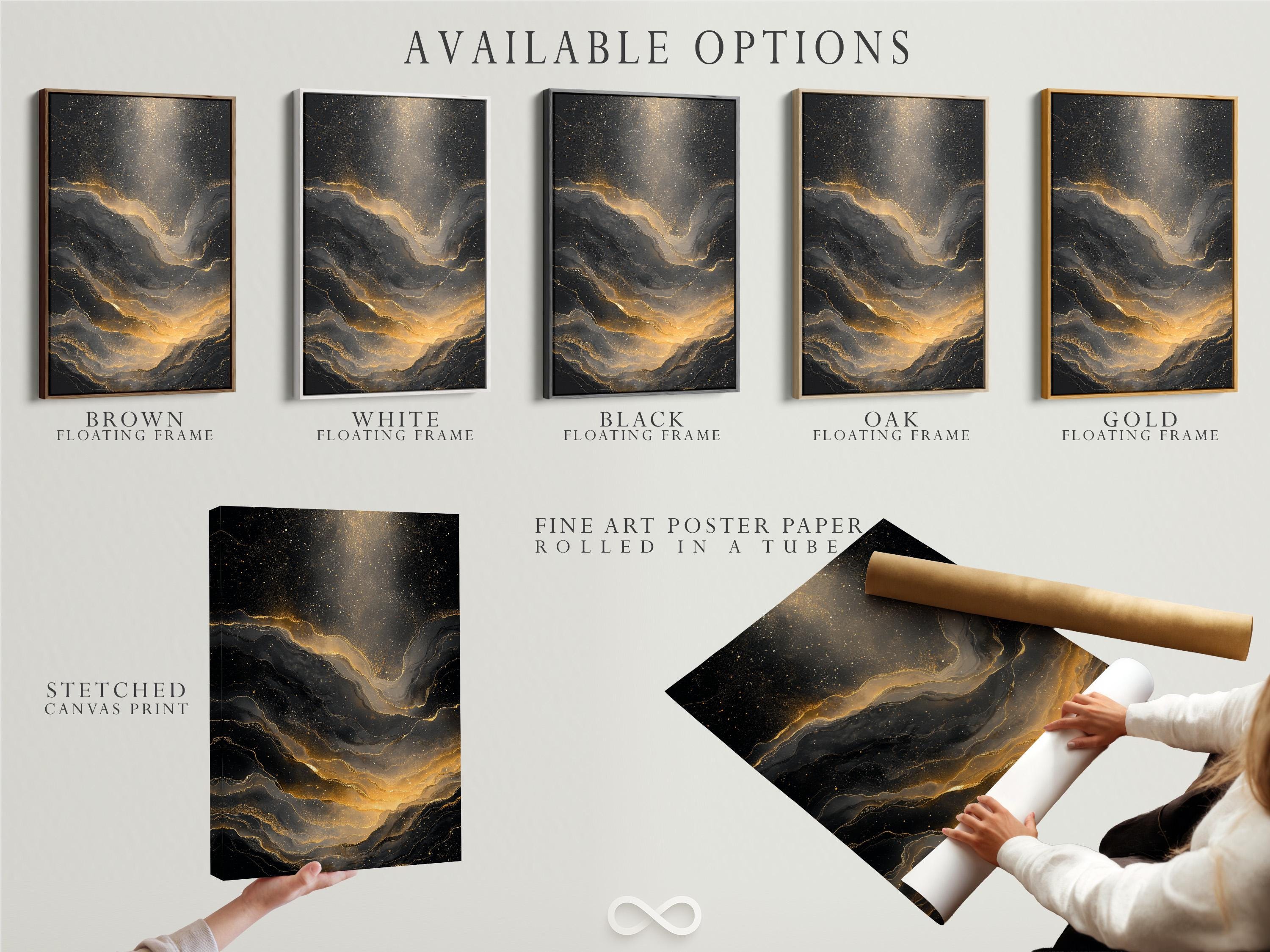 Black and gold abstract artwork with glowing vein-like lines and sparkling speckles detail view
