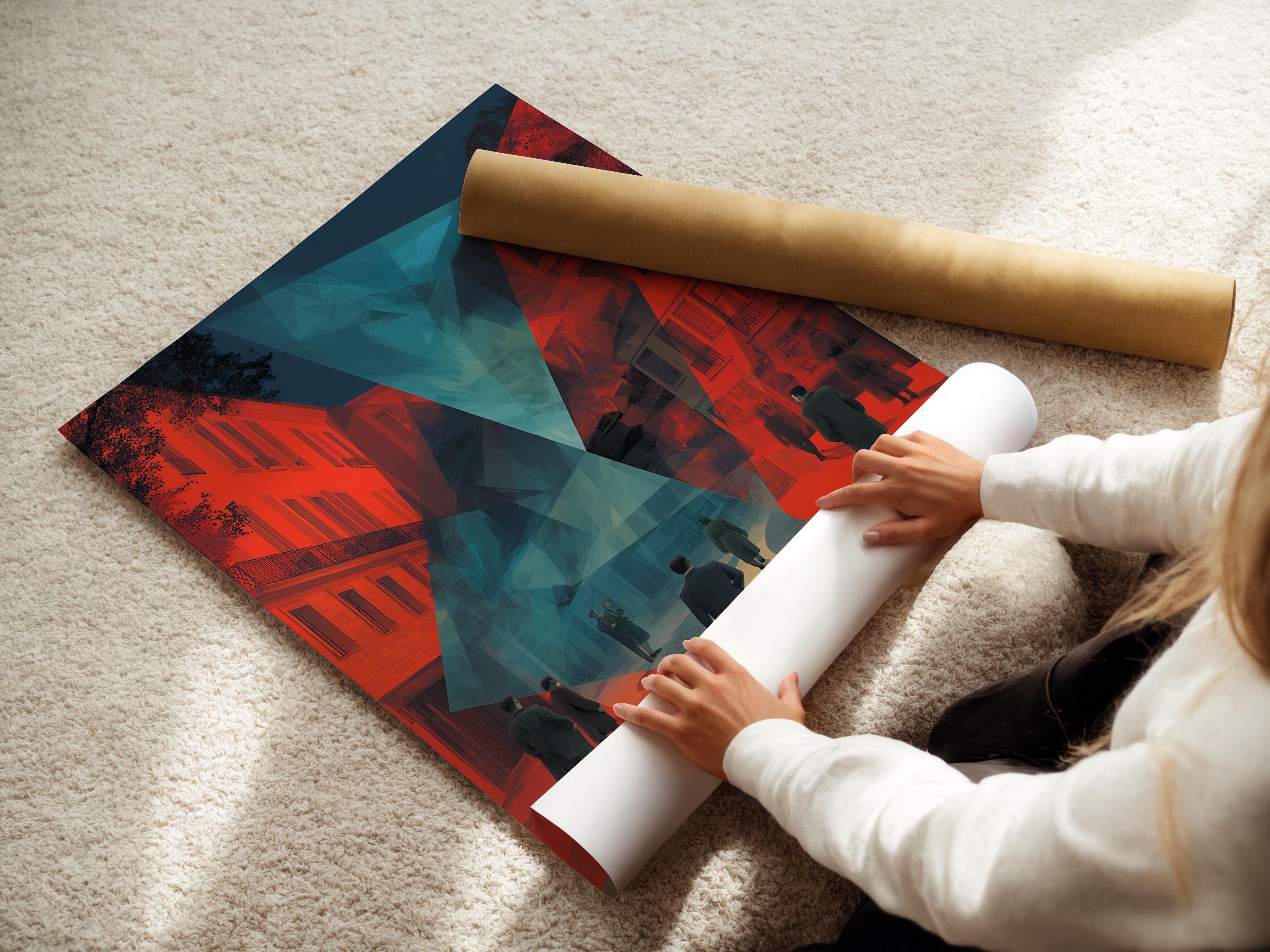 Stylised city street artwork with coral buildings, teal geometric centre and dark blue shadows detail view