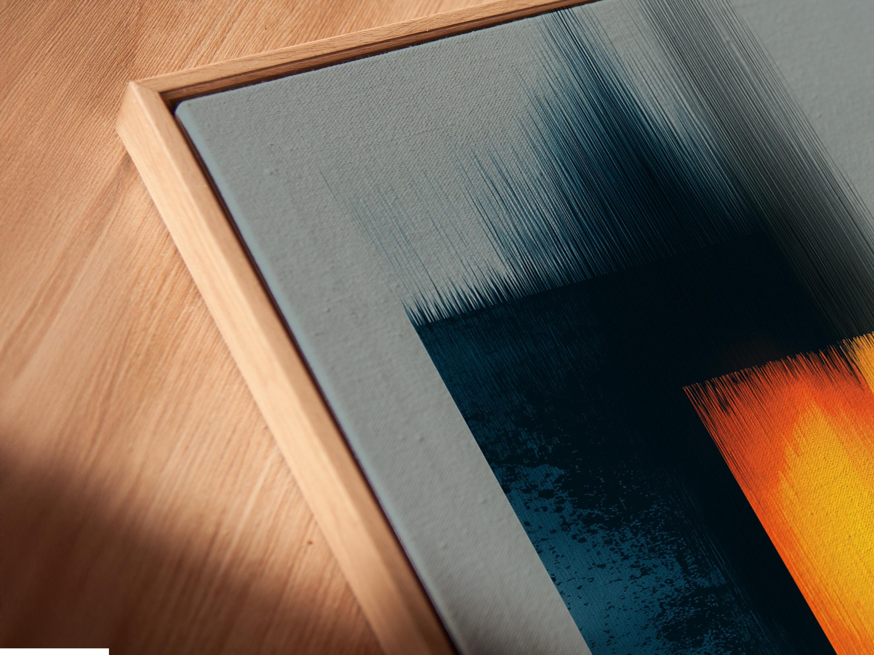 Geometric abstract artwork with teal and grey blocks and a glowing orange-yellow square detail view