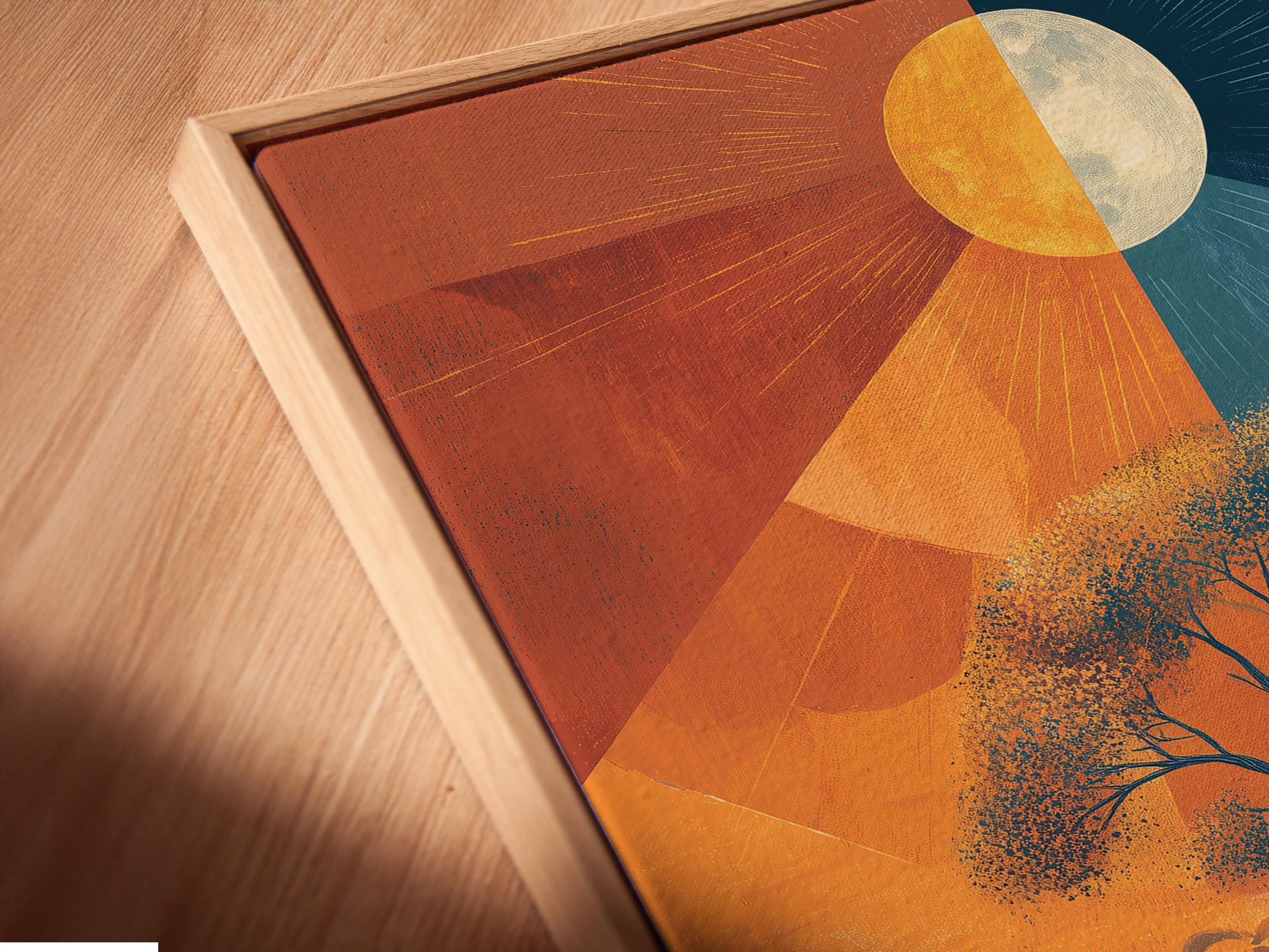 Stylised tree in a geometric split seascape with orange sky and blue ocean waves detail view