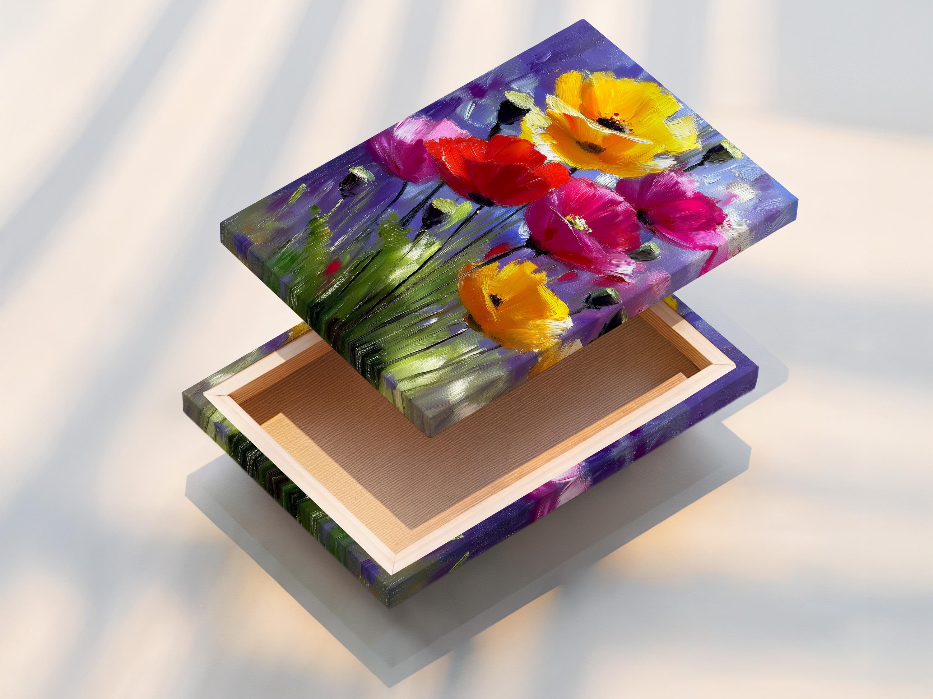 Painterly floral painting with purple, pink, red and yellow blooms and green stems detail view