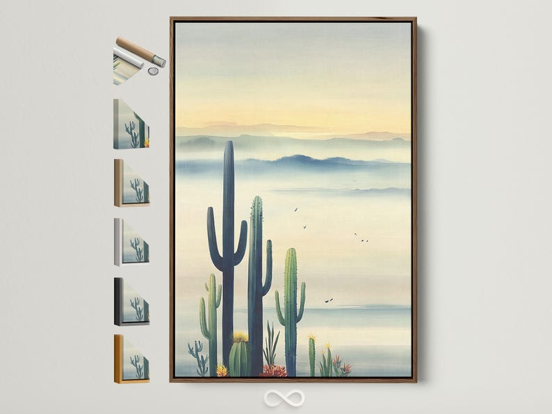 Illustrated desert landscape with tall cactus silhouettes, hazy blue distance layers and small birds