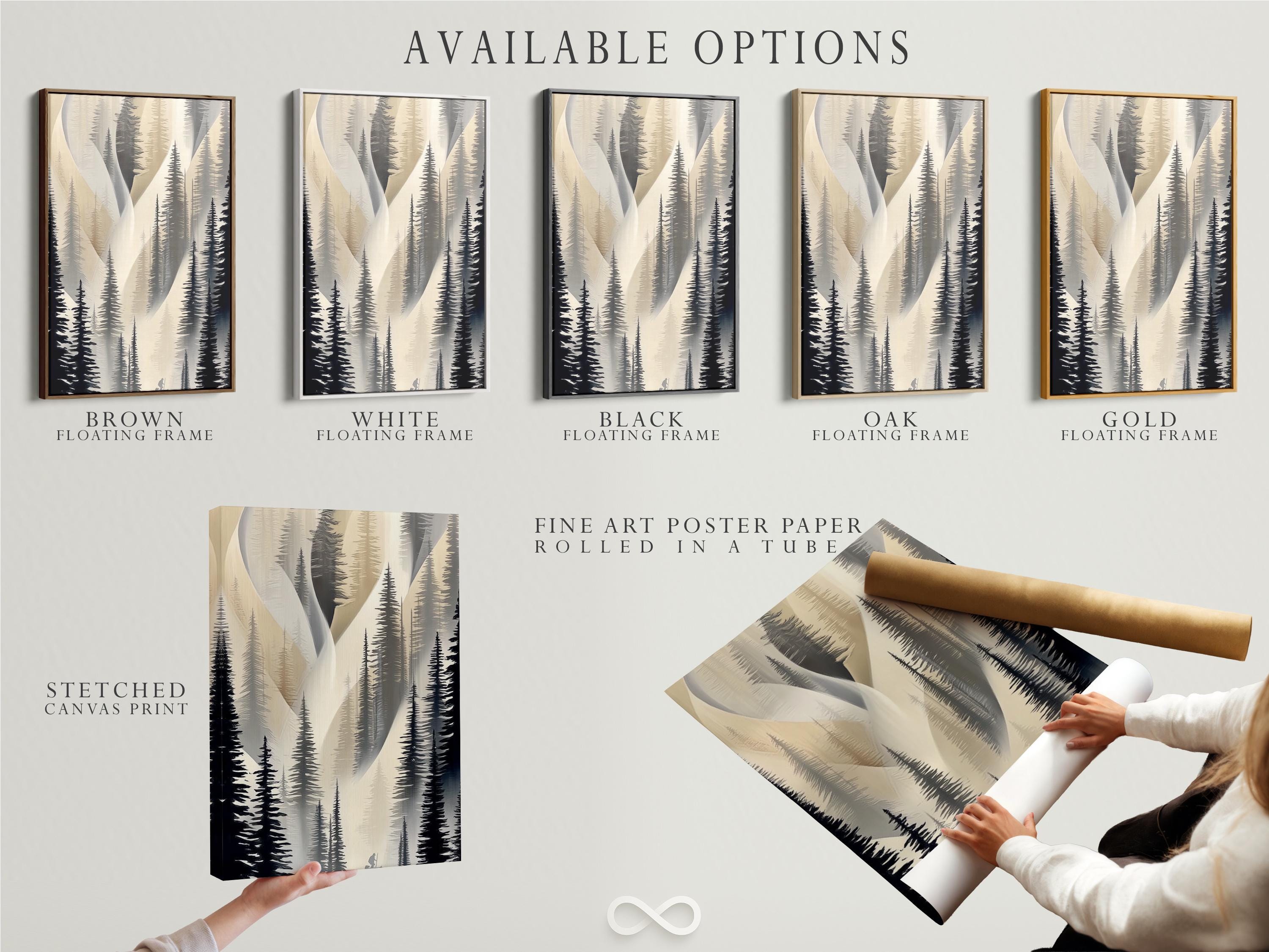 Neutral forest artwork with layered pine silhouettes in beige and charcoal tones detail view