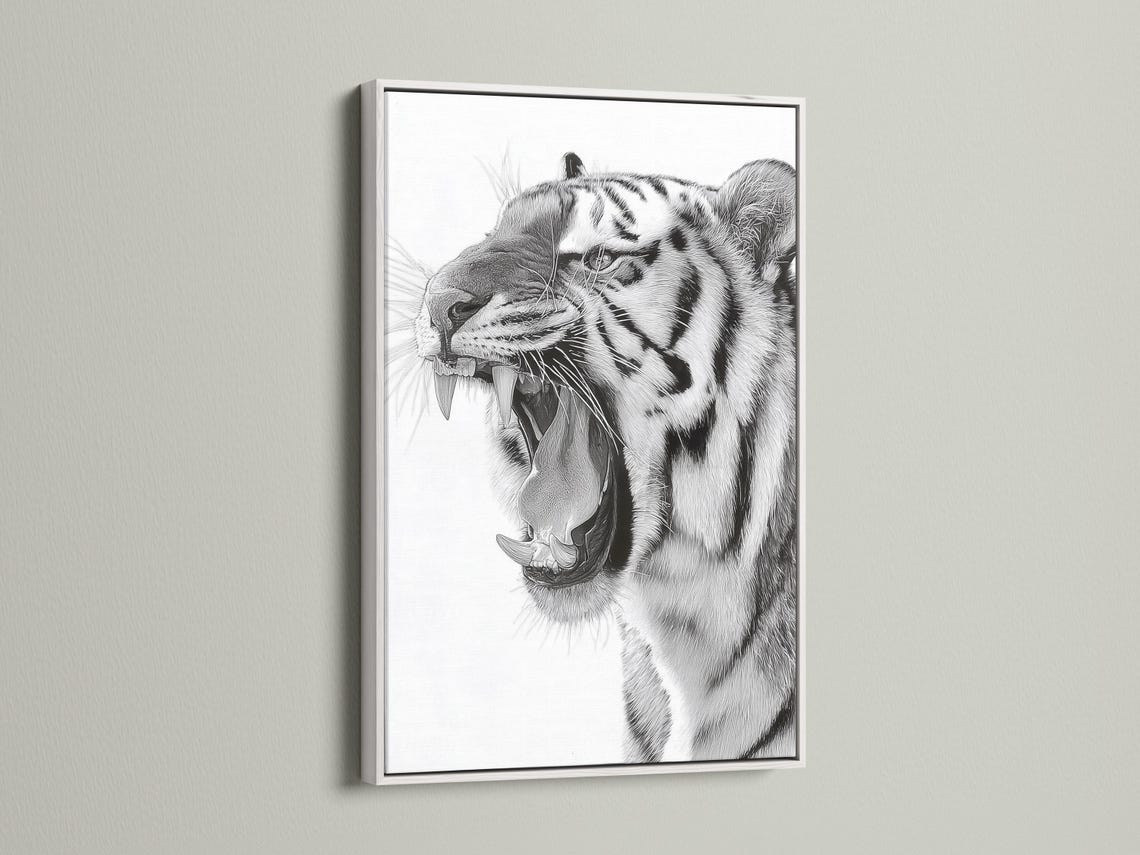 Room mockup showing a framed black and white tiger portrait artwork