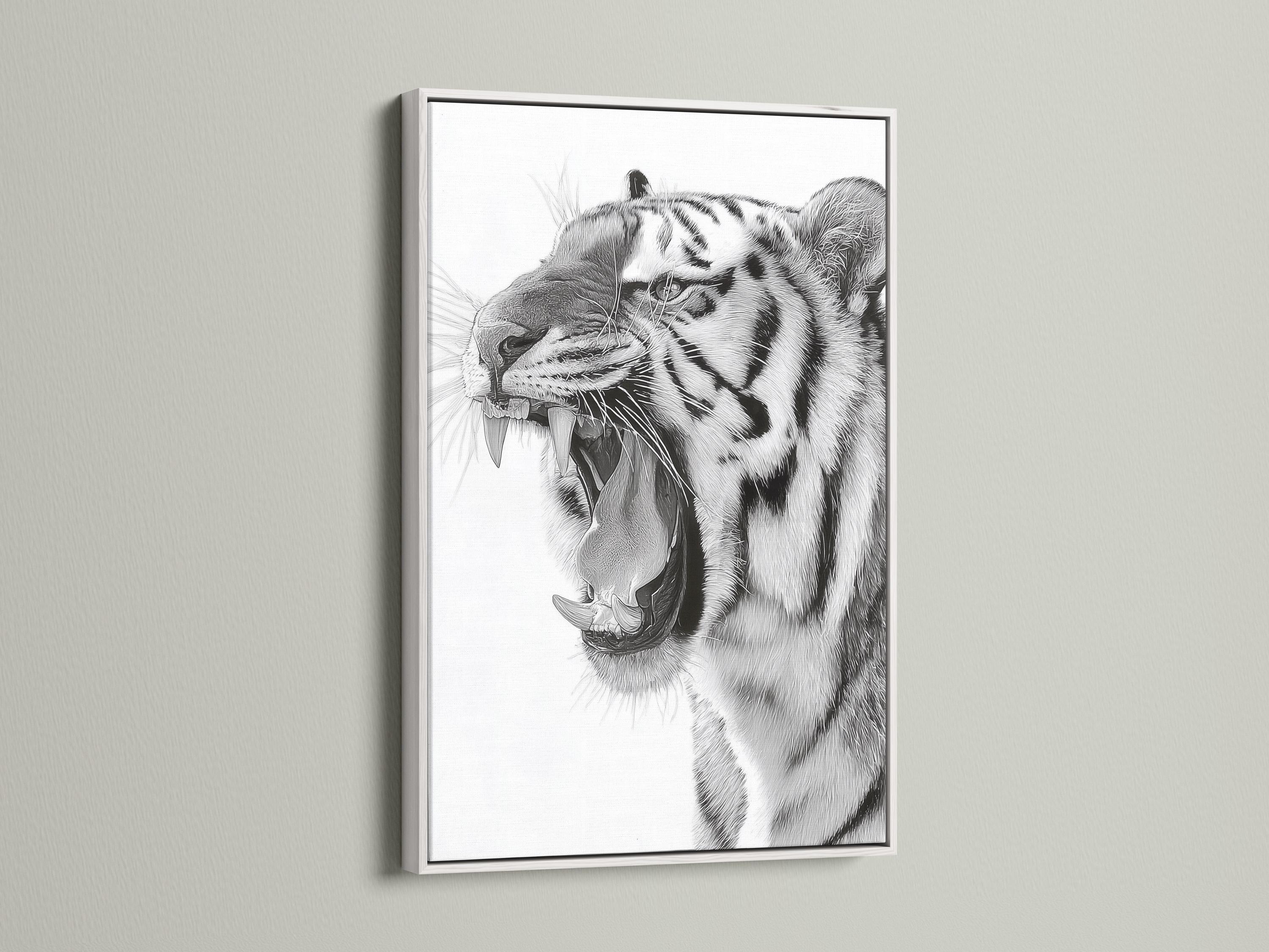 Room mockup showing a framed black and white tiger portrait artwork