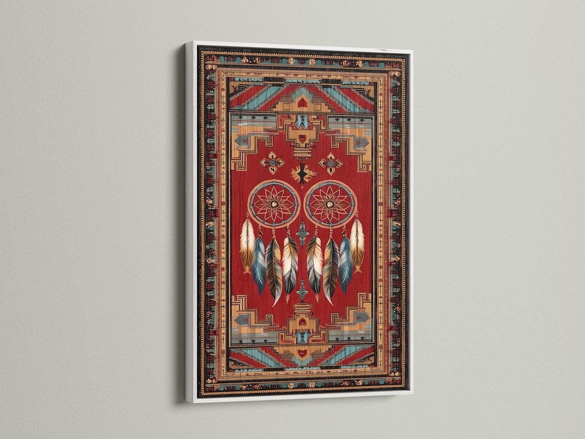 Dreamcatcher wall art with red background, teal circular webs, hanging feathers and geometric border detail view