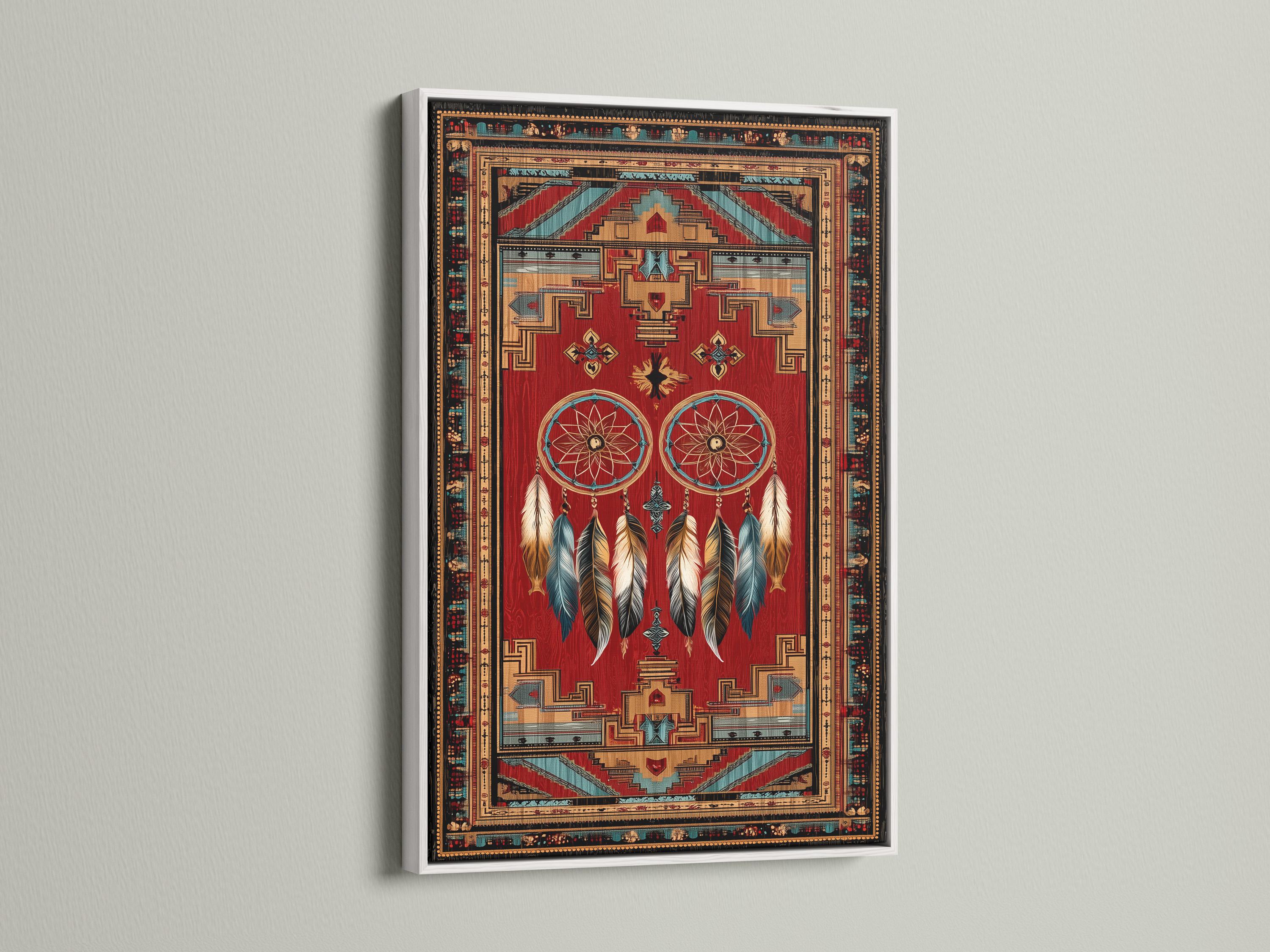 Dreamcatcher wall art with red background, teal circular webs, hanging feathers and geometric border detail view