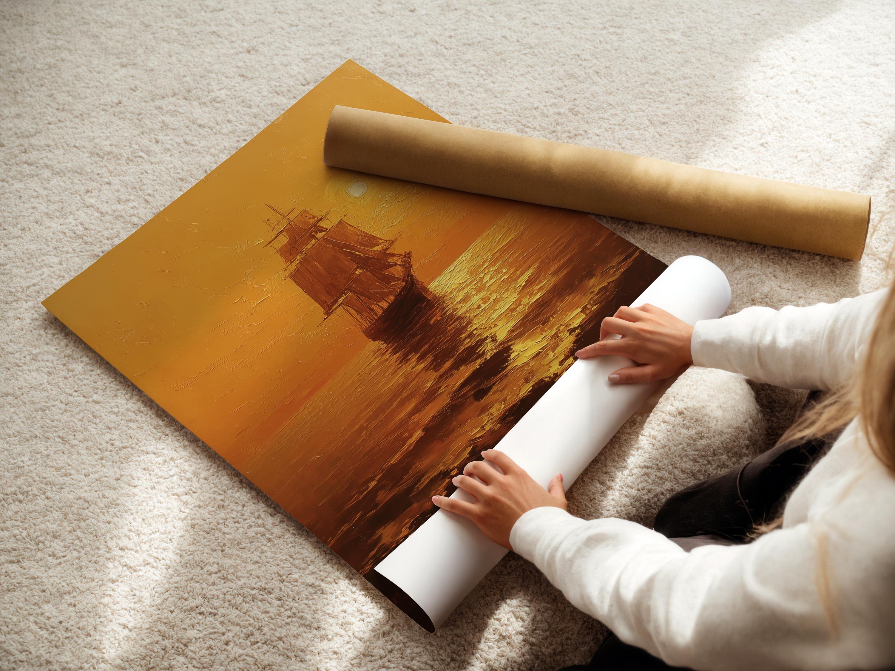 Room mockup showing a warm golden seascape with a sailing ship and glowing sun
