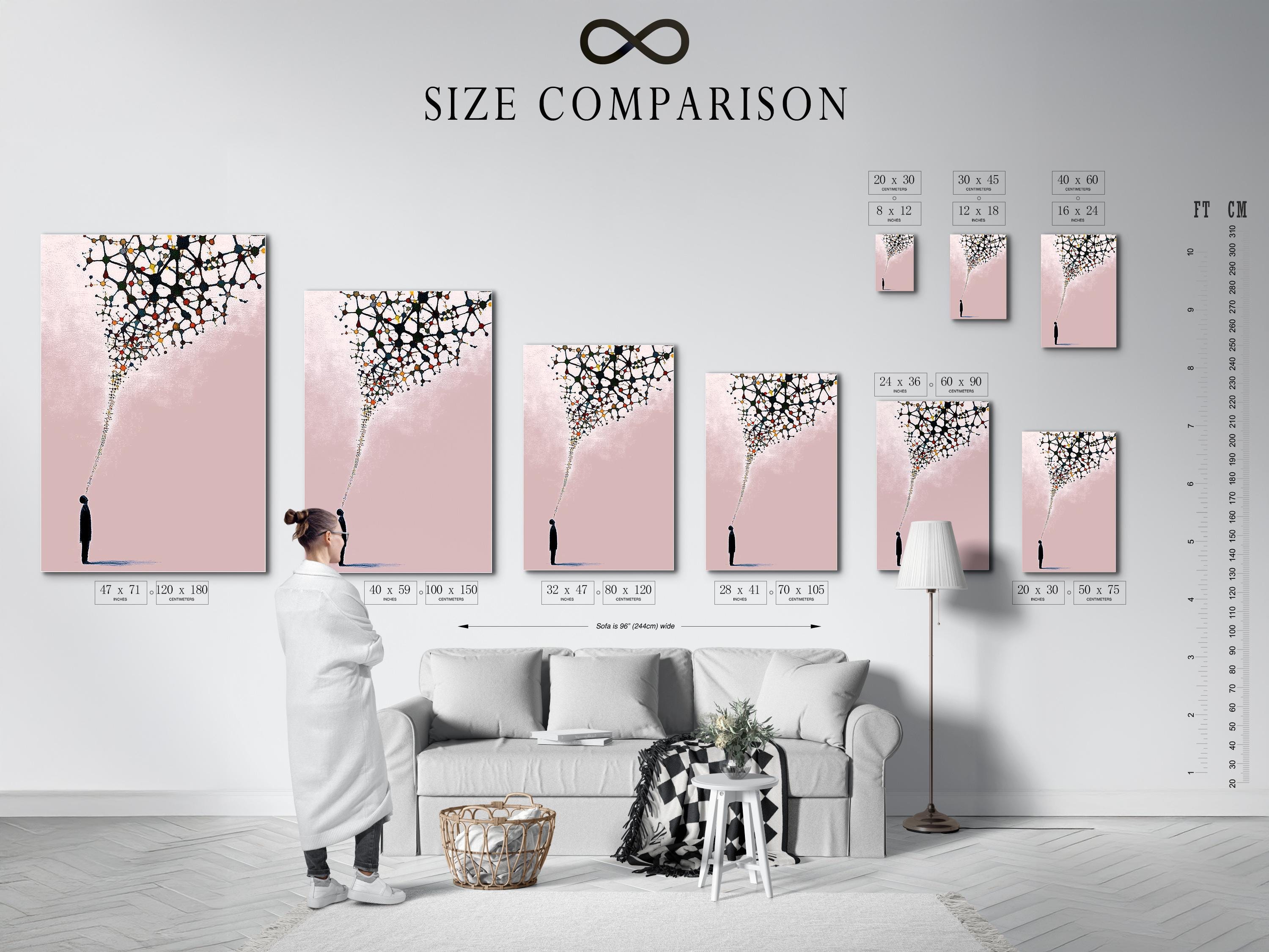 Blush pink abstract artwork with a black silhouette figure and branching network of coloured nodes detail view