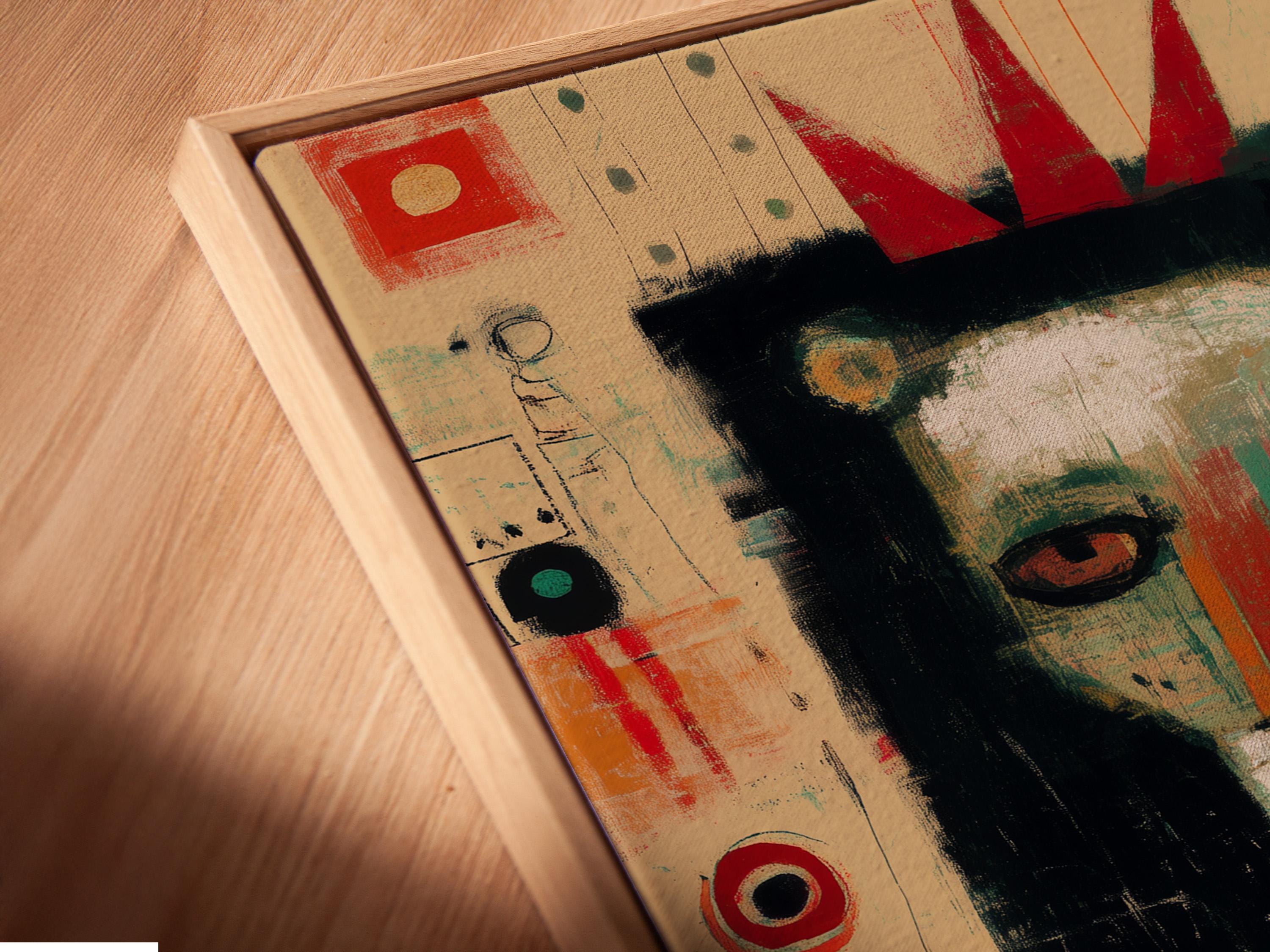 Stylised lion face artwork with a red crown shape on a beige abstract background detail view