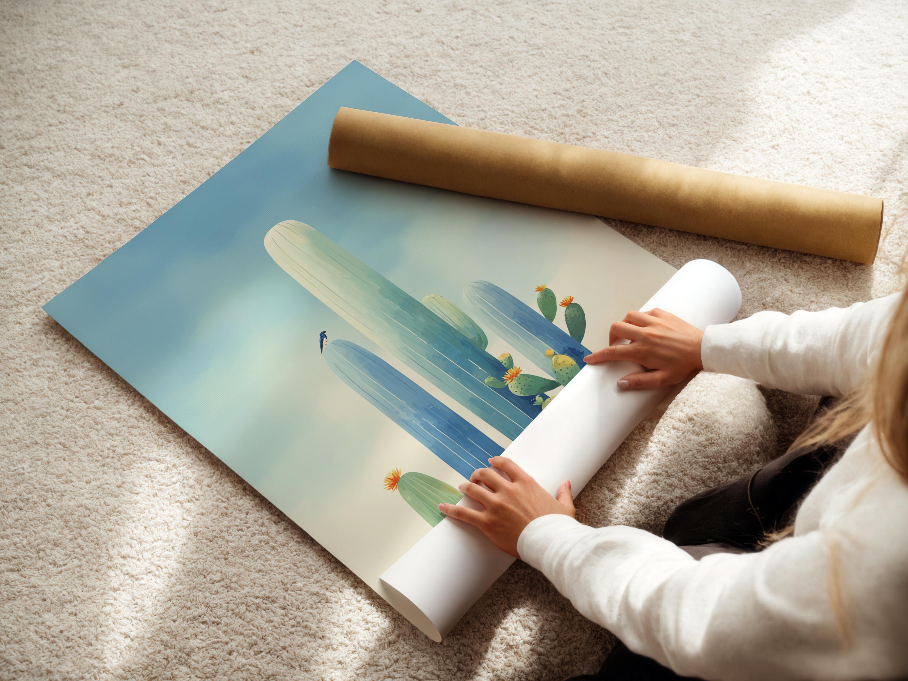 Framed cactus desert artwork with tall blue-green cacti and small orange blossoms against a pale blue sky detail view