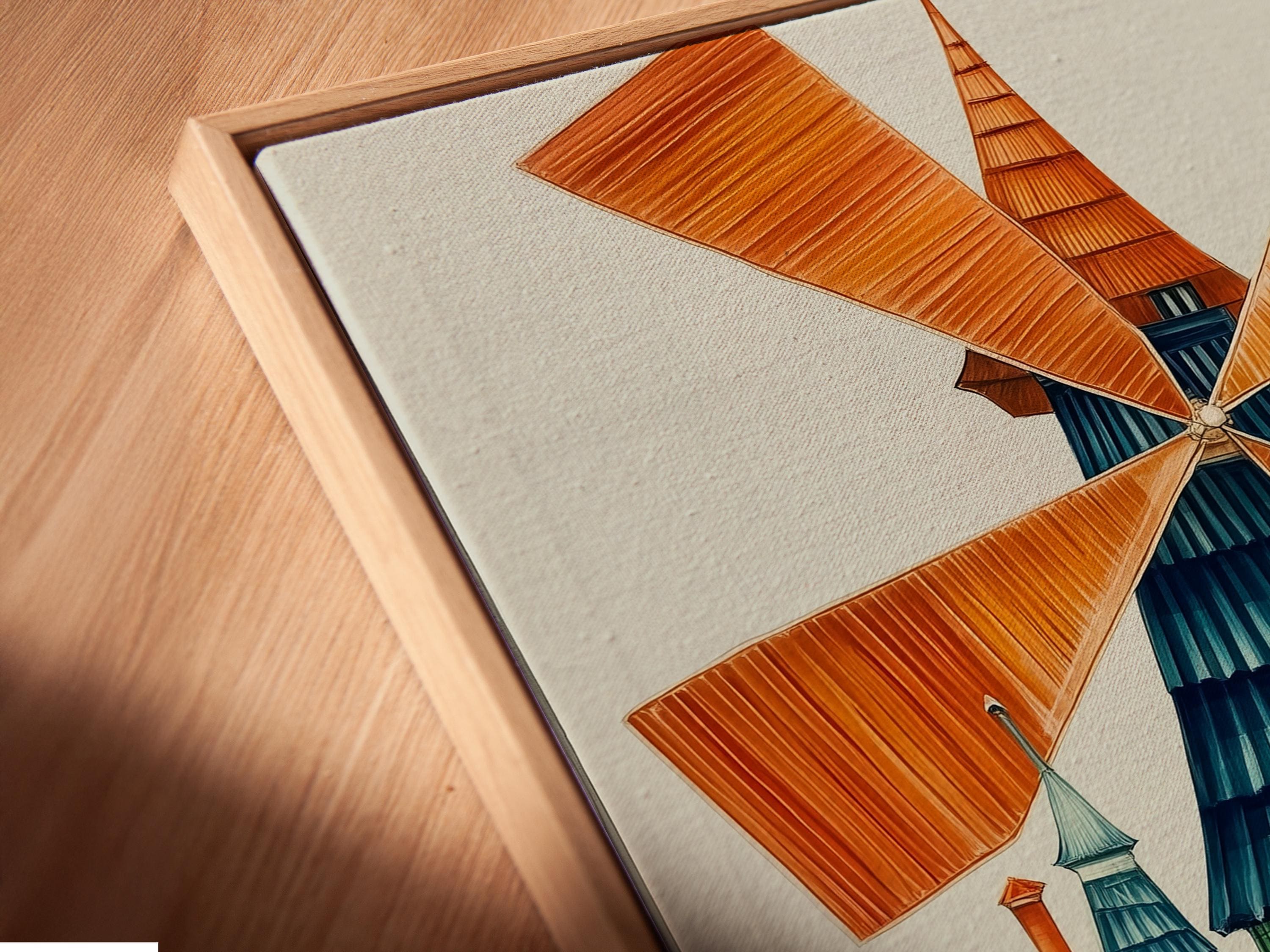 Illustrated windmill scene with orange blades and a blue-green house detail view