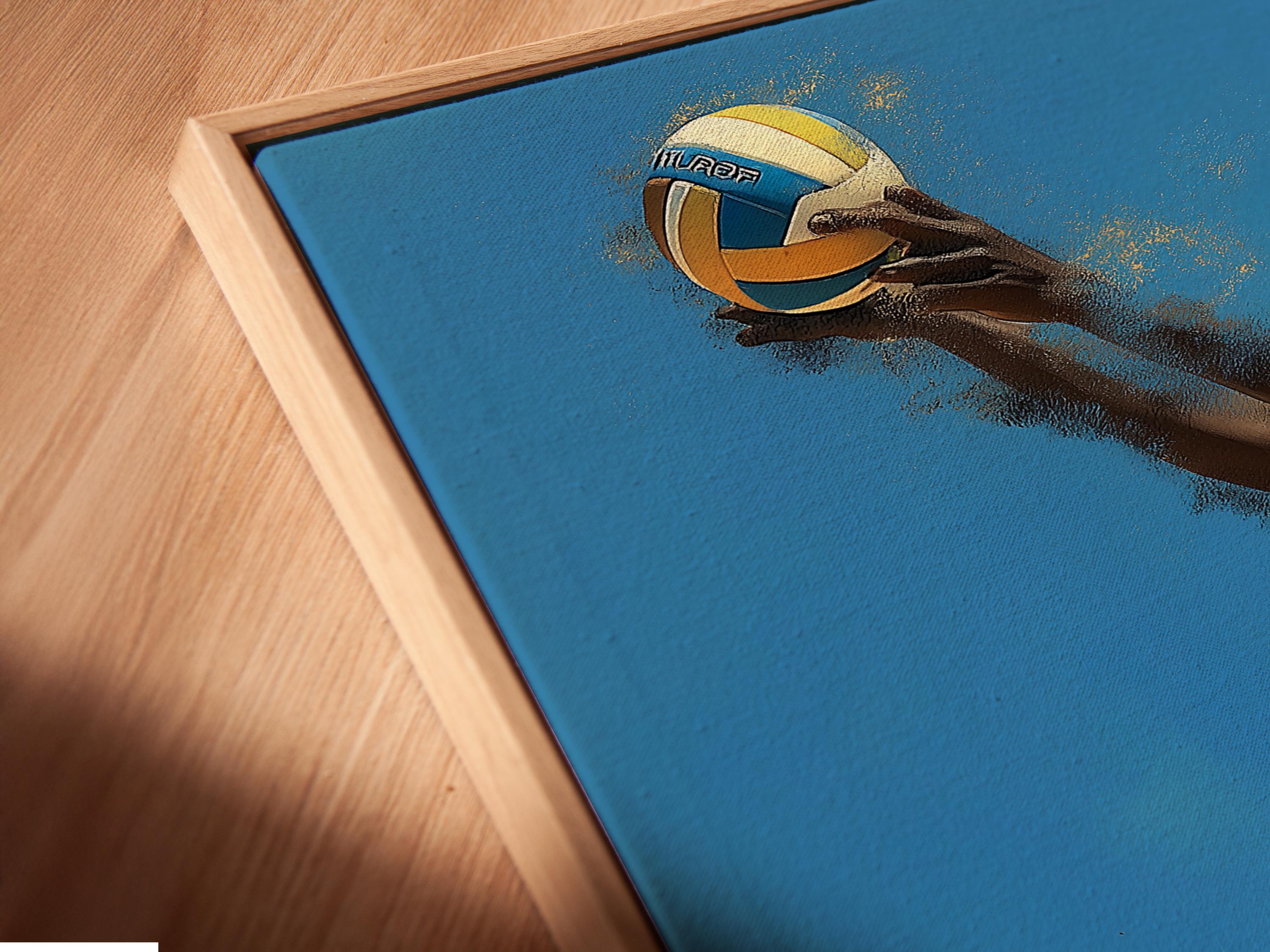 Blue and gold volleyball player action illustration with a visible number 23 detail view