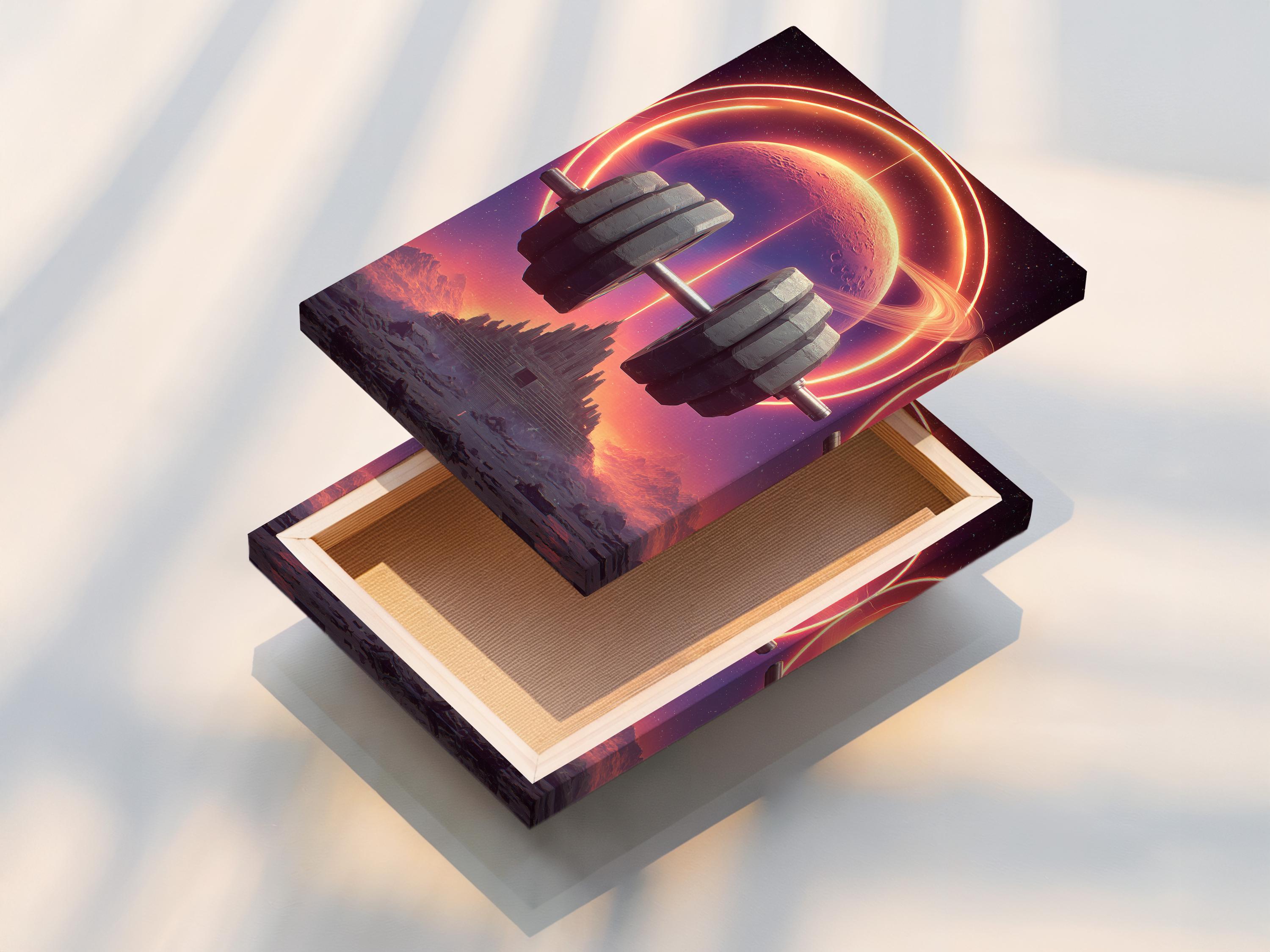 Futuristic gym wall art artwork mockup with neon planet and barbell