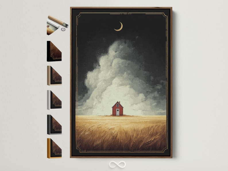 Red barn house in a golden wheat field under dark clouds with a crescent moon