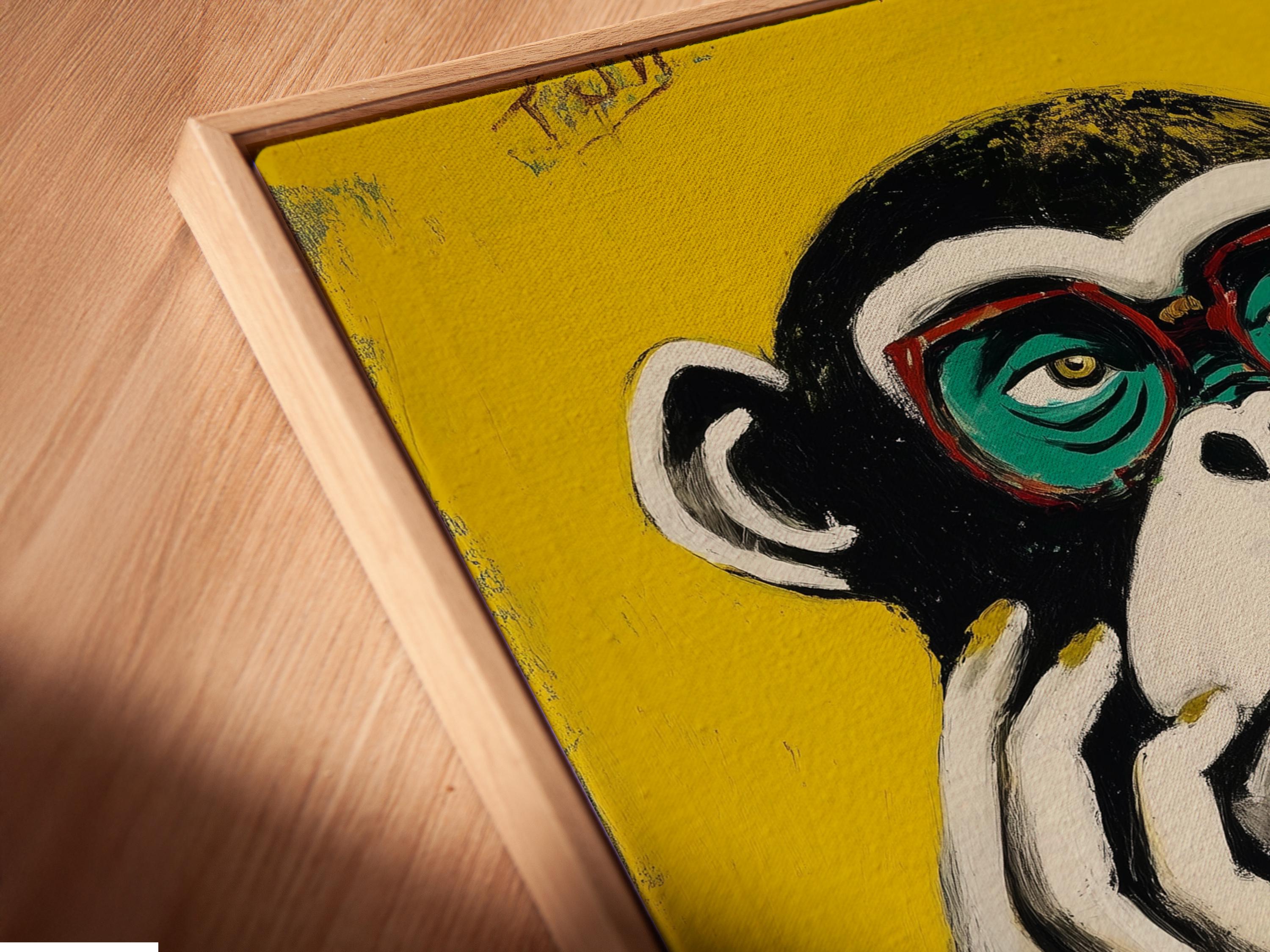 Portrait of a stylised monkey wearing oversized round glasses against a bright yellow background detail view