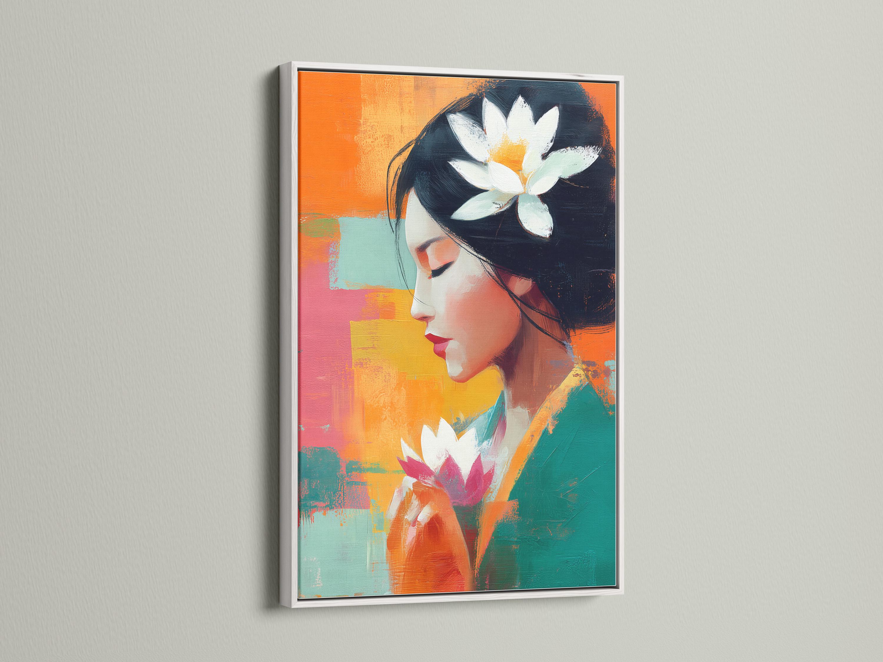 An abstract portrait of a woman in side profile appears alongside large lotus flowers, set against bright patchwork colours with bold painterly brush