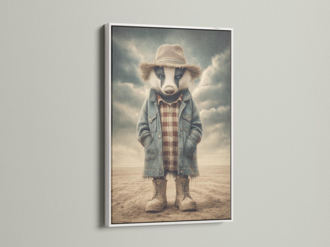 Stylised badger character wearing a straw hat and denim jacket in a sandy western scene detail view