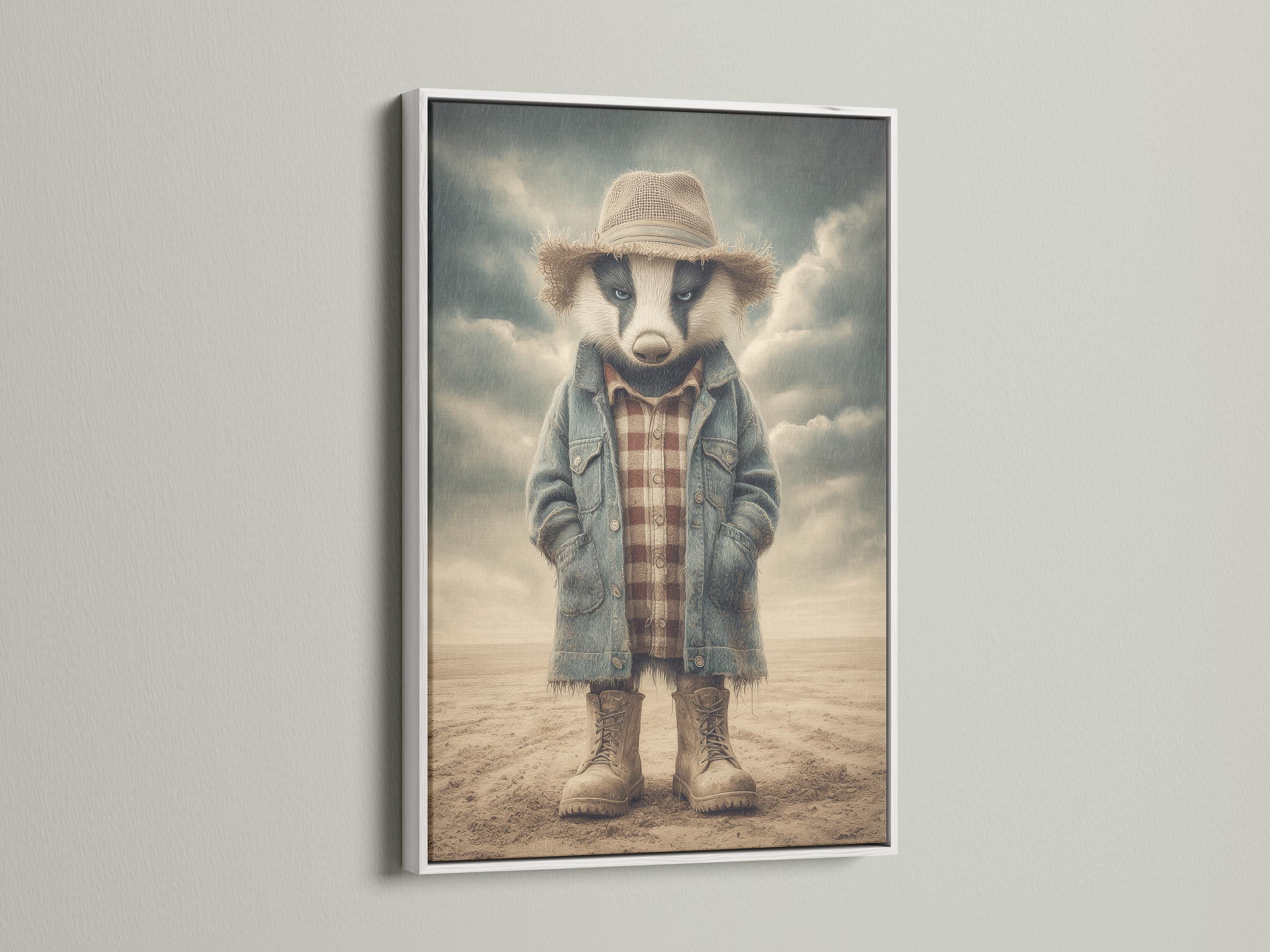 Stylised badger character wearing a straw hat and denim jacket in a sandy western scene detail view