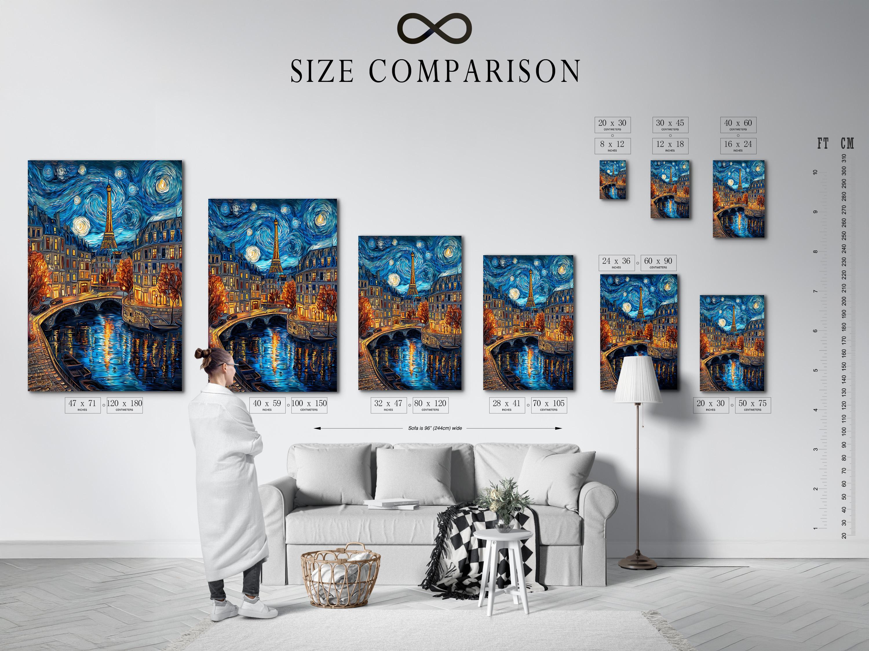 Woman hanging a framed night cityscape painting featuring the Eiffel Tower on a brick wall