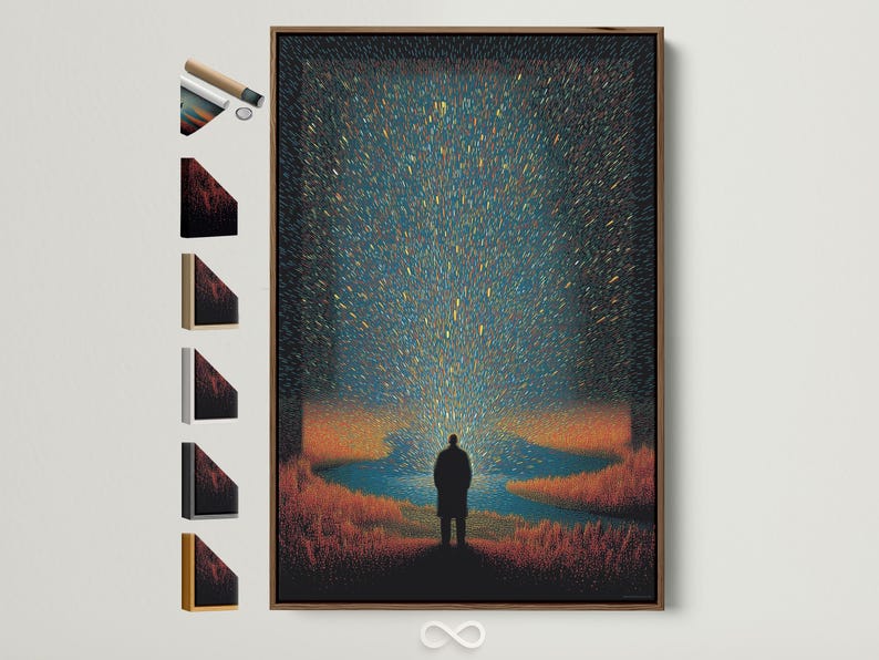 Moody teal and burnt-orange night scene with a silhouetted figure beneath a starburst glow