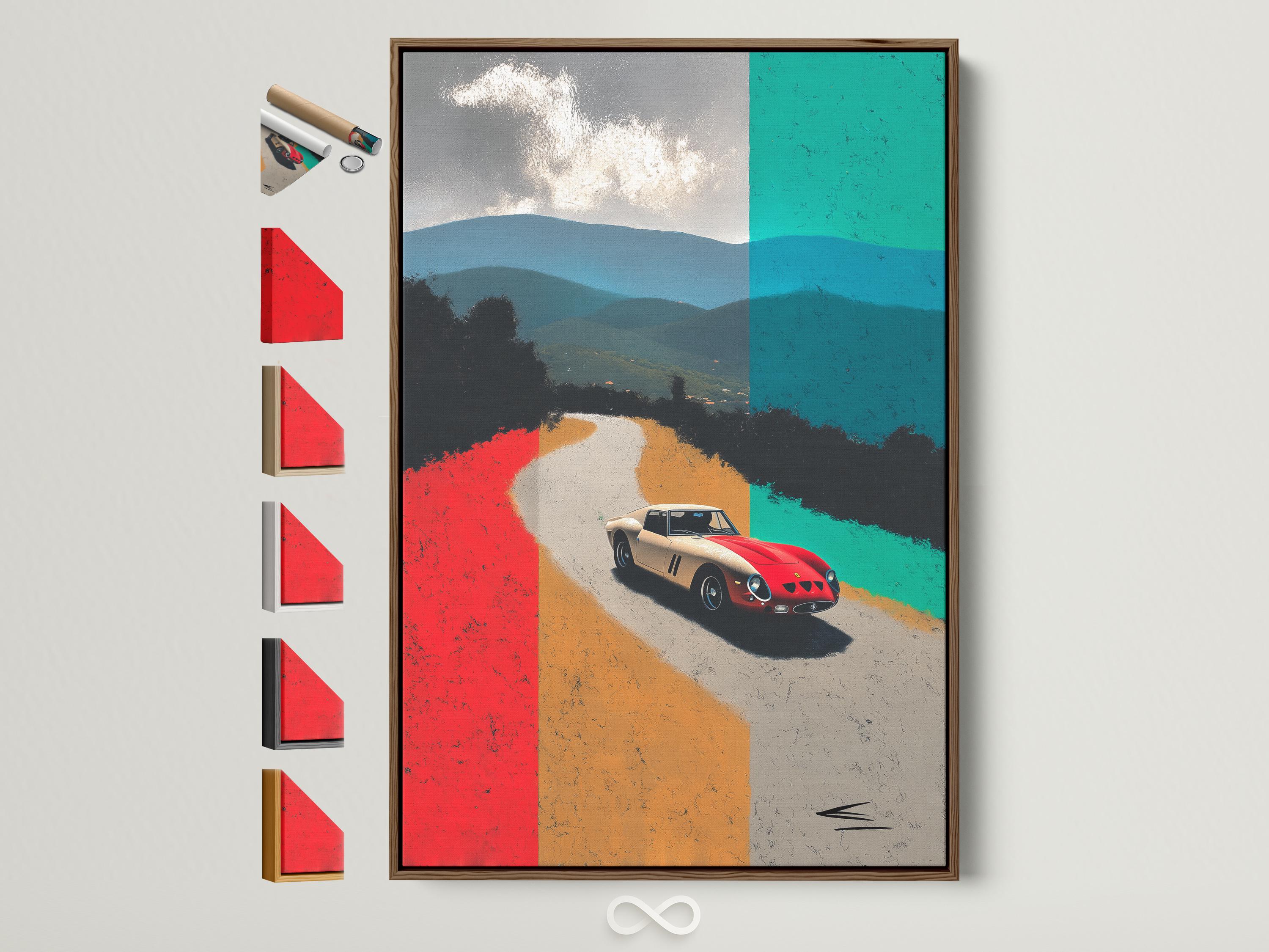 Classic sports car on a pale road with red and teal geometric background blocks