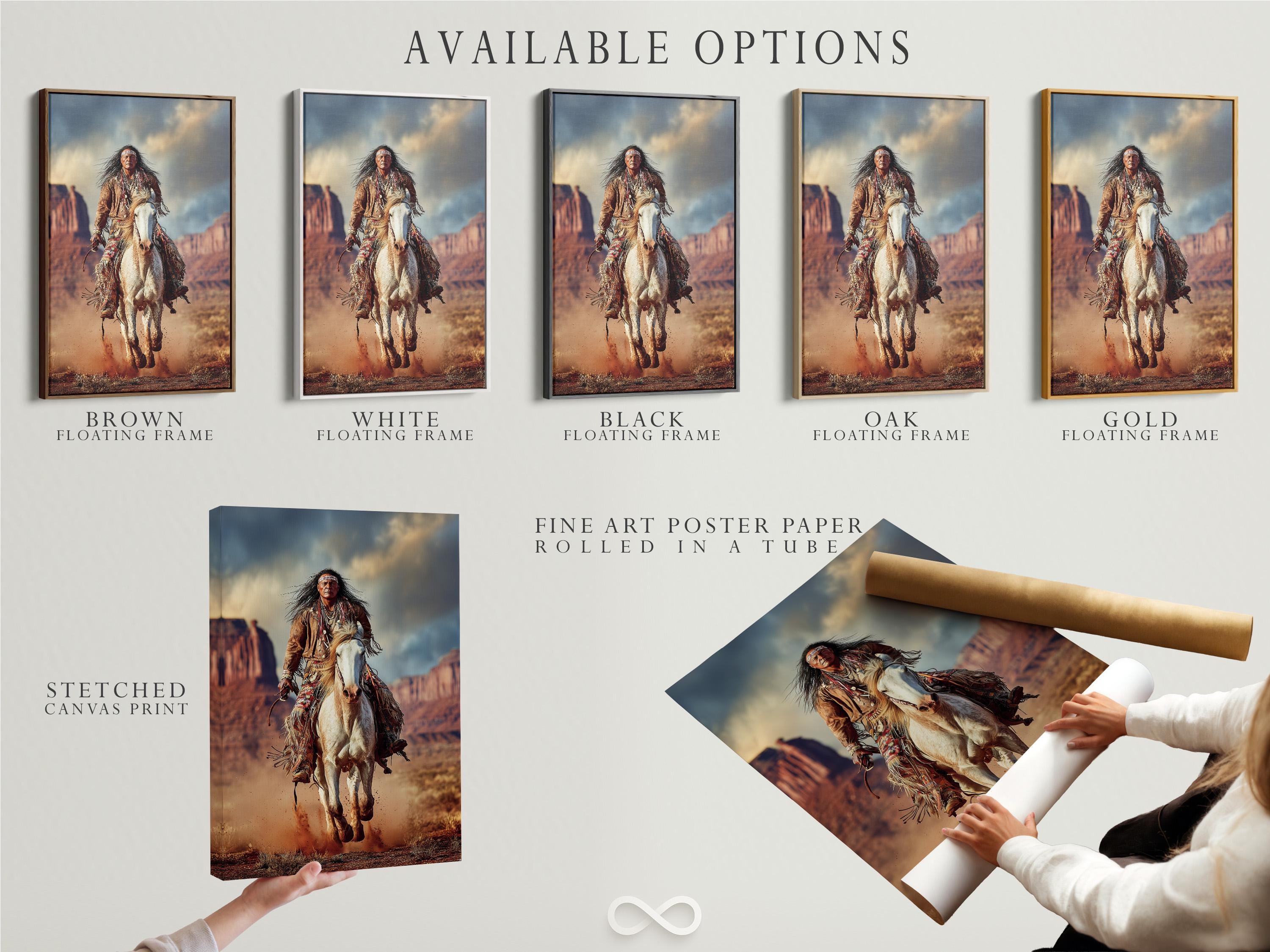 Artwork featuring a rider on a white horse charging through a dusty desert landscape, shown in a room mockup