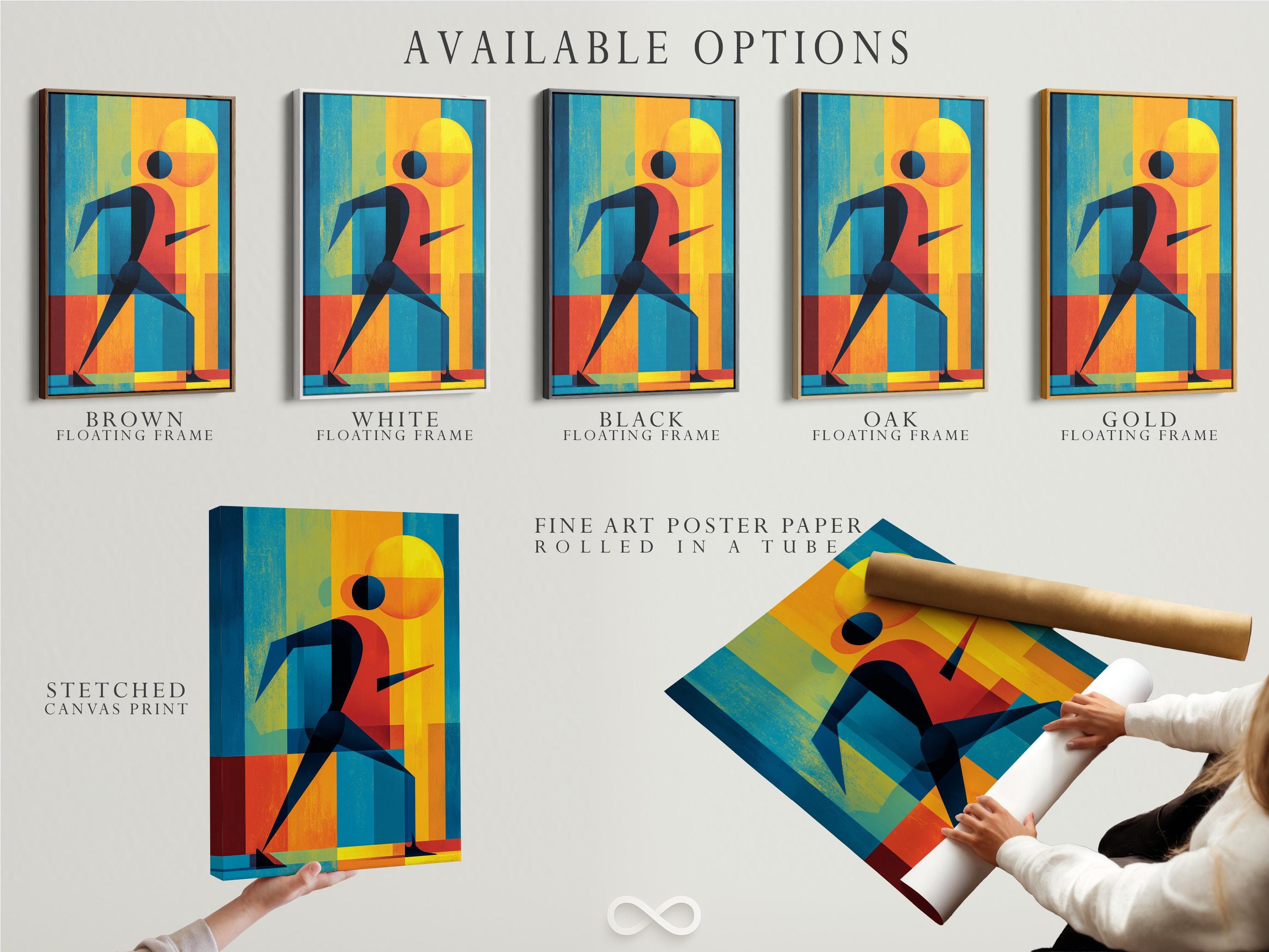 Geometric runner figure in red, blue, teal and yellow with a sun-like circle background detail view