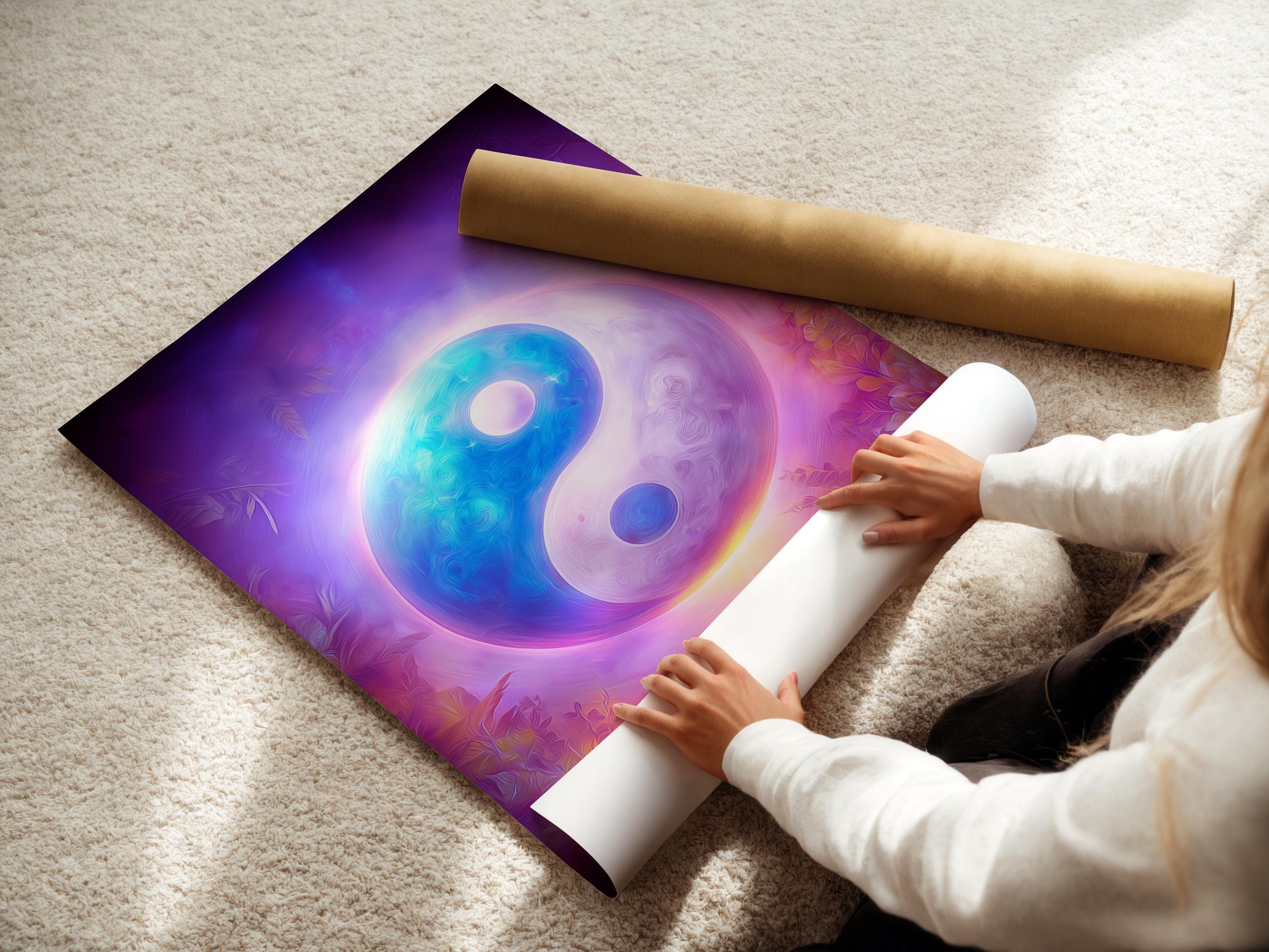 Room mockup showing a glowing purple and blue yin-yang artwork on a wall