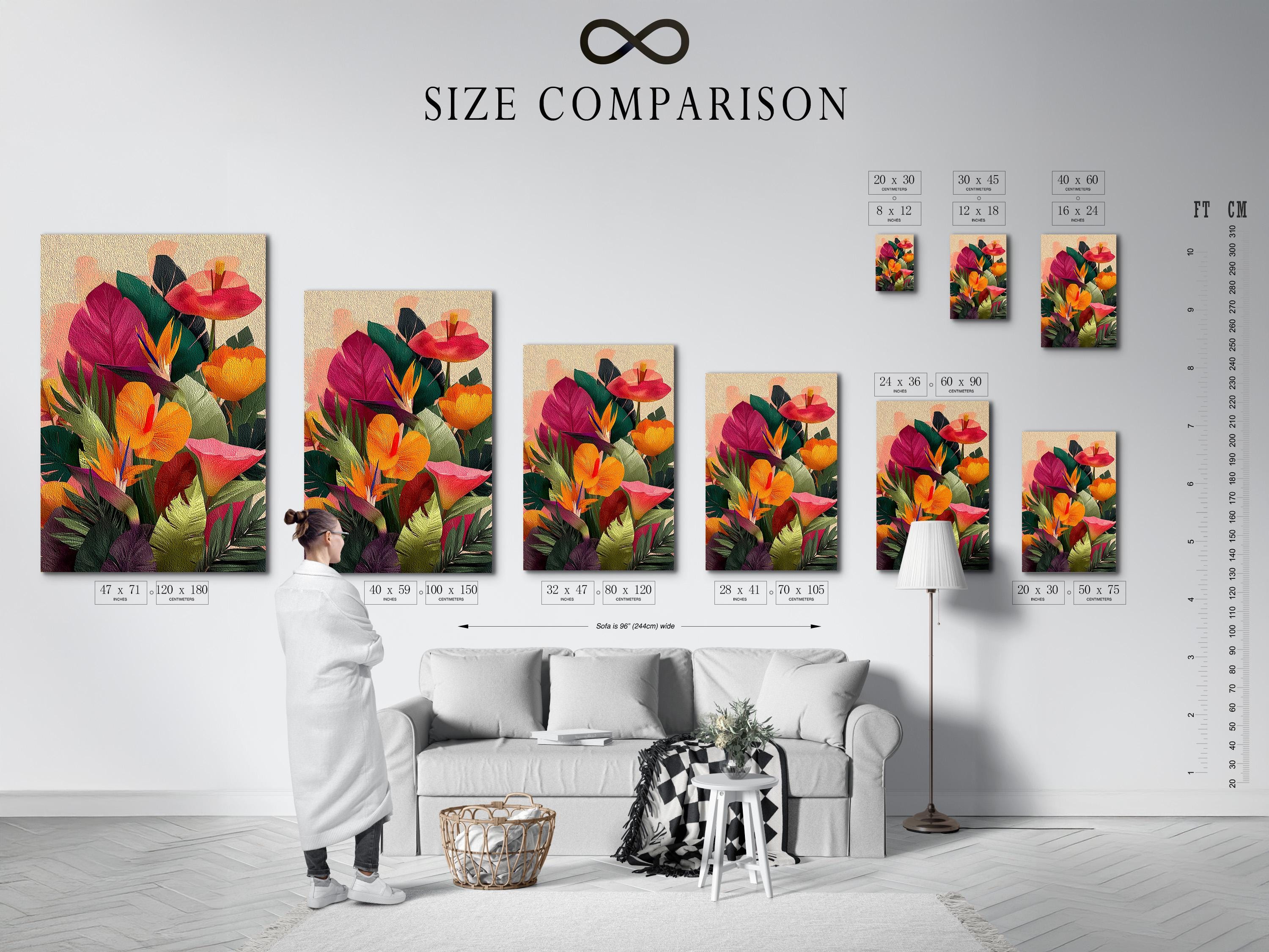 Tropical floral artwork mockup displayed on a wall with framed options shown