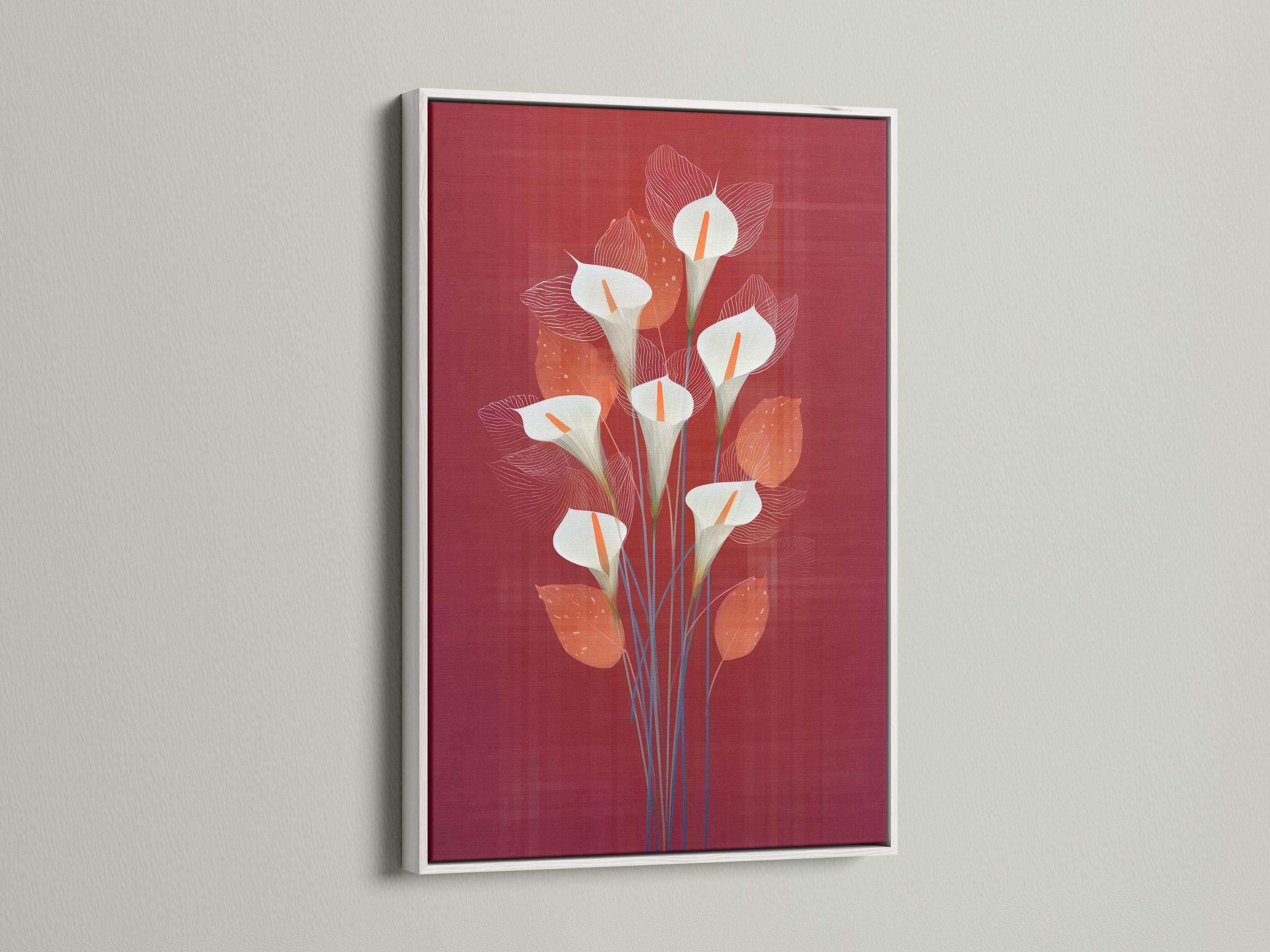Stylised calla lily bouquet with white flowers, orange centres and blue stems on a burgundy background detail view