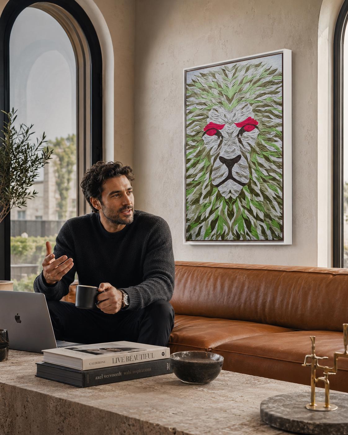 Room mockup showing a large lion artwork with green leaf pattern and red eyes above a bed