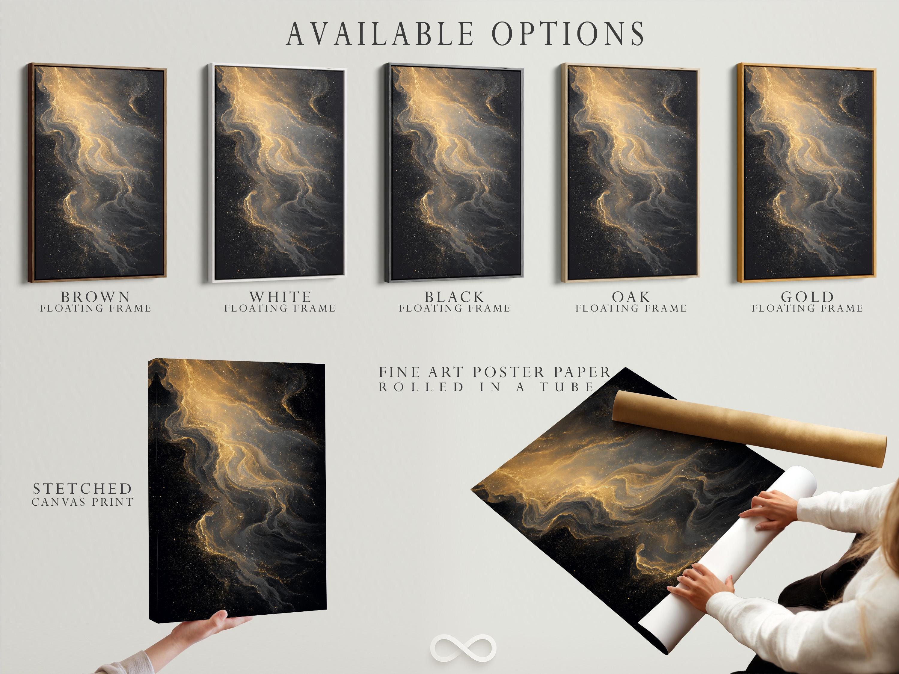 Room mockup showing a framed black and gold abstract artwork with gold dust trails