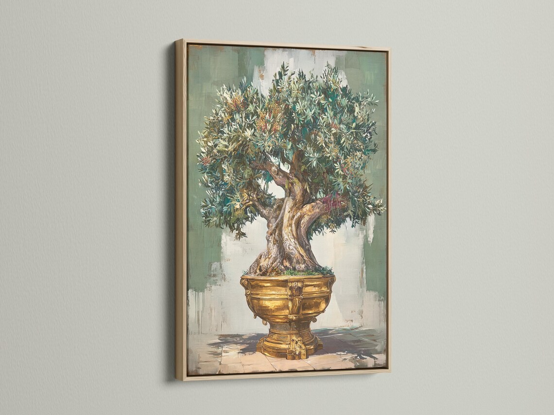 Room mockup showing olive tree wall artwork in a framed presentation