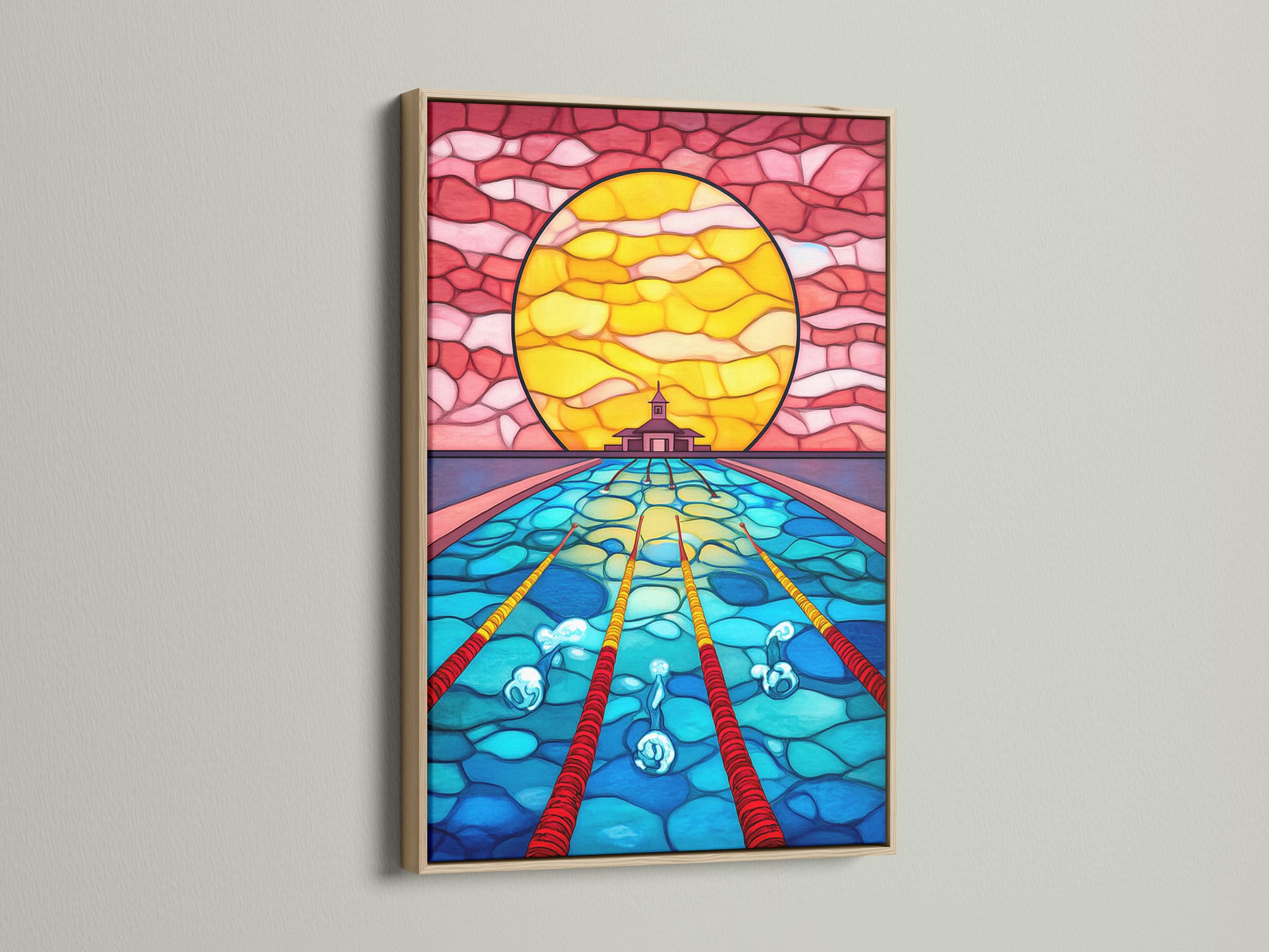 Stained-glass style ocean scene with a circular sunset portal, underwater water textures, and a small temple silhouette detail view