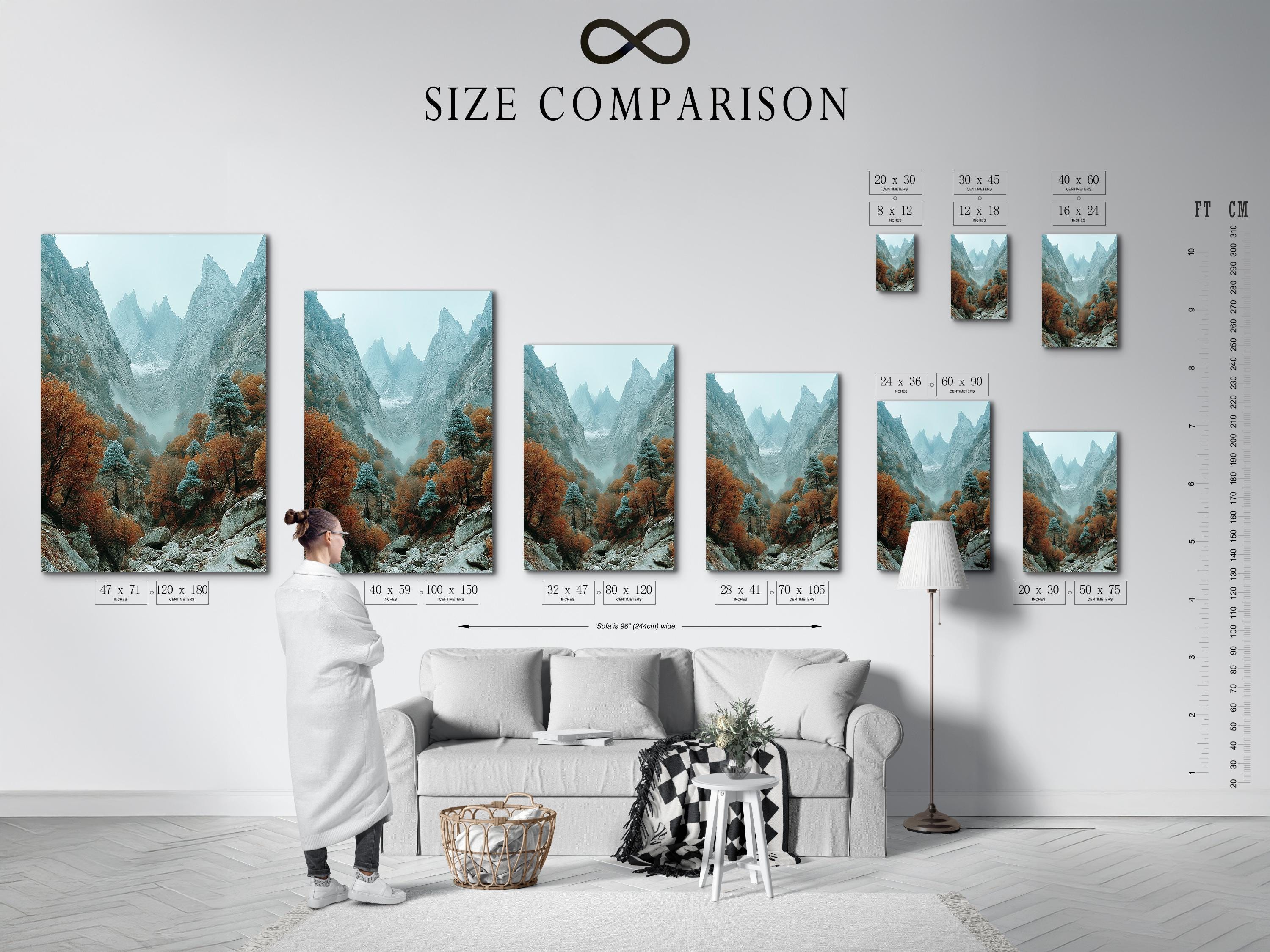 Misty mountain valley with rocky cliffs, autumn trees, and teal-grey peaks detail view