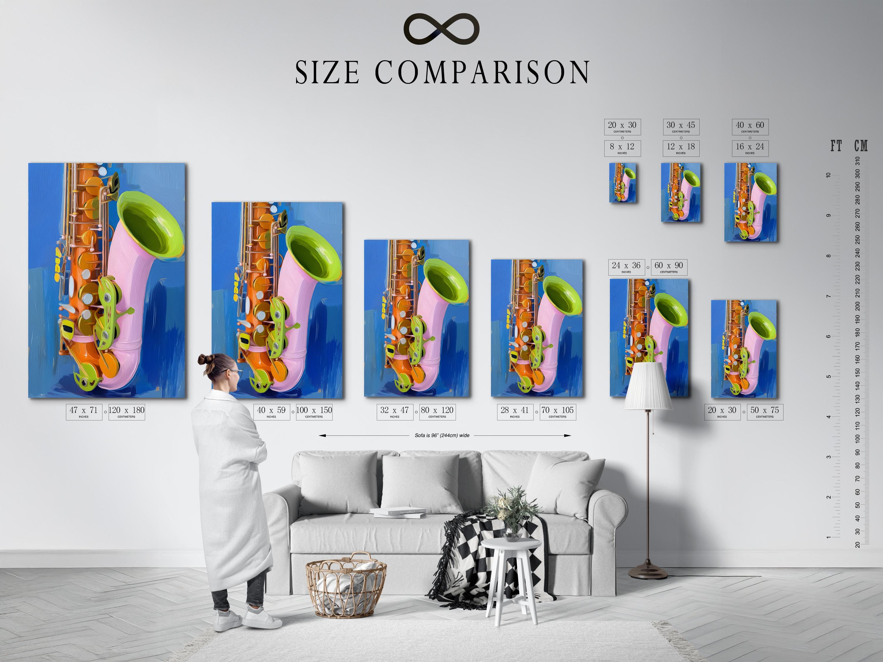 Abstract saxophone illustration with deep blue background, orange, green and pink accents detail view