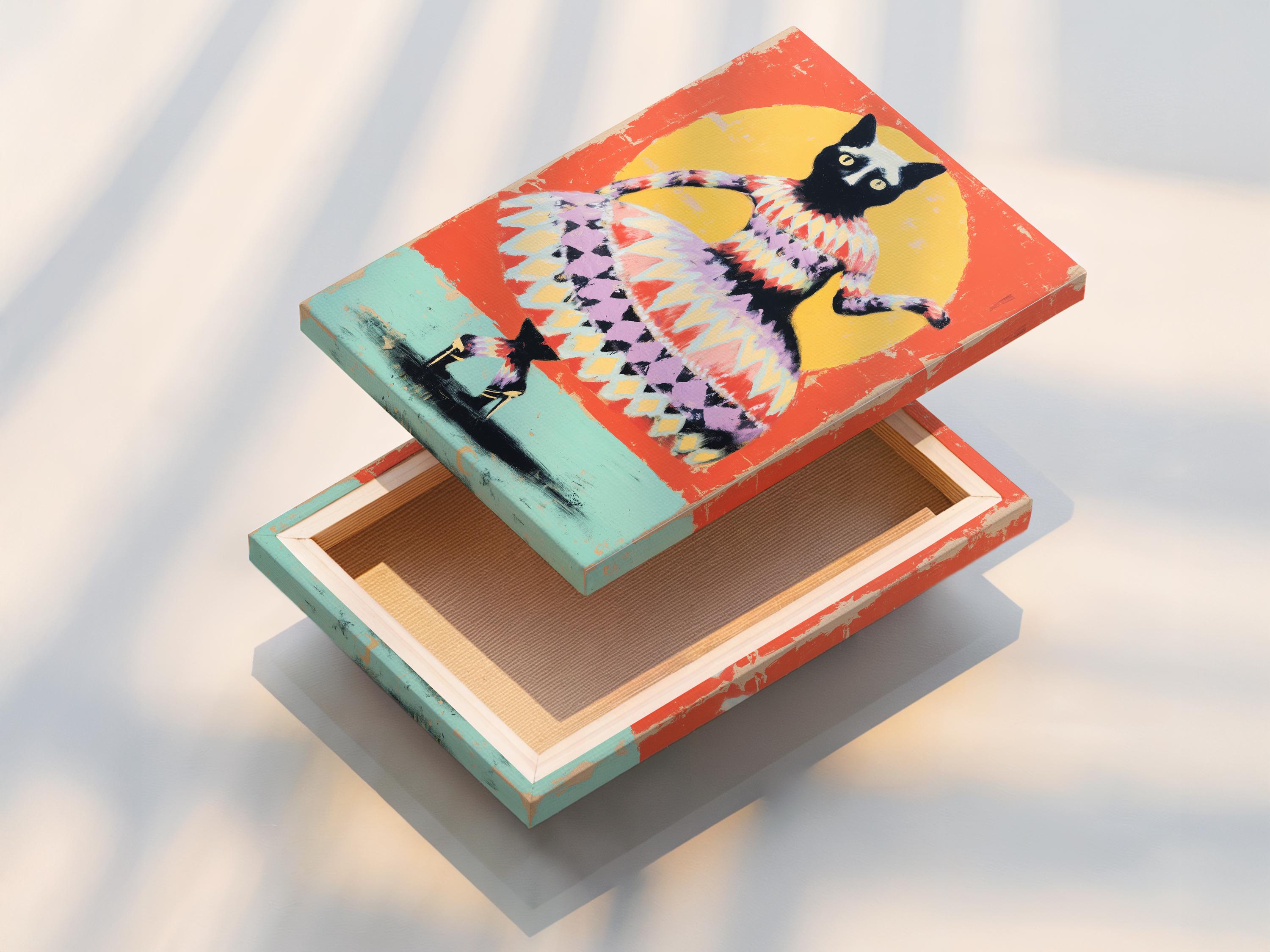 Cat artwork in a framed mockup on a wall with additional frame variations