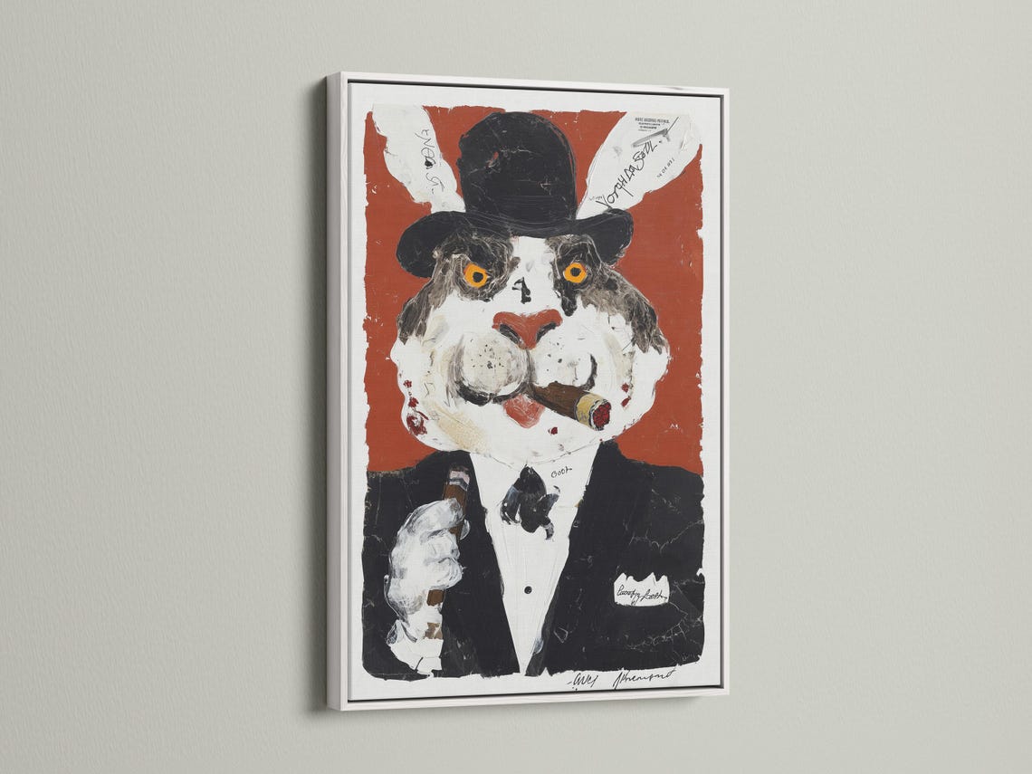 Room mockup showing a framed rabbit gentleman portrait on a wall