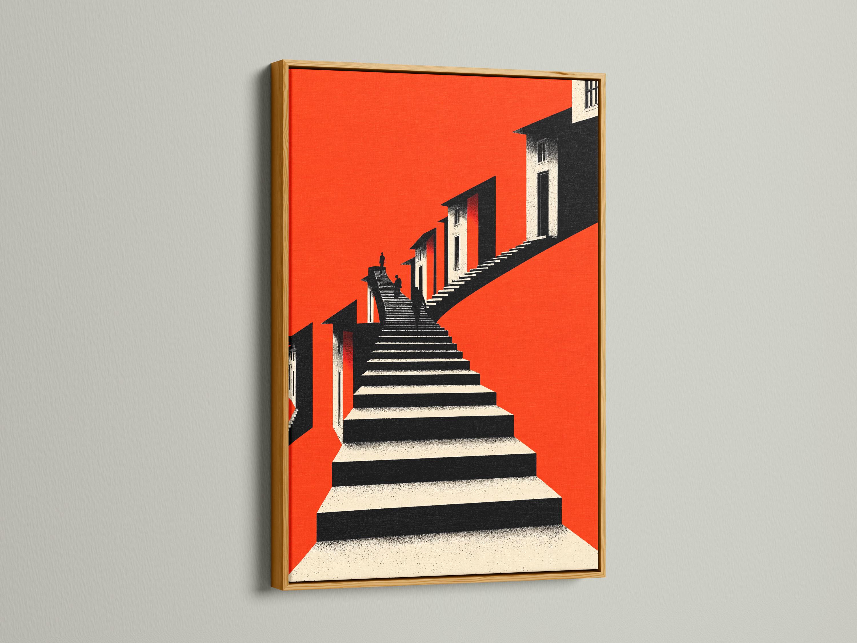 Room mockup showing a red and black geometric staircase artwork with inset views