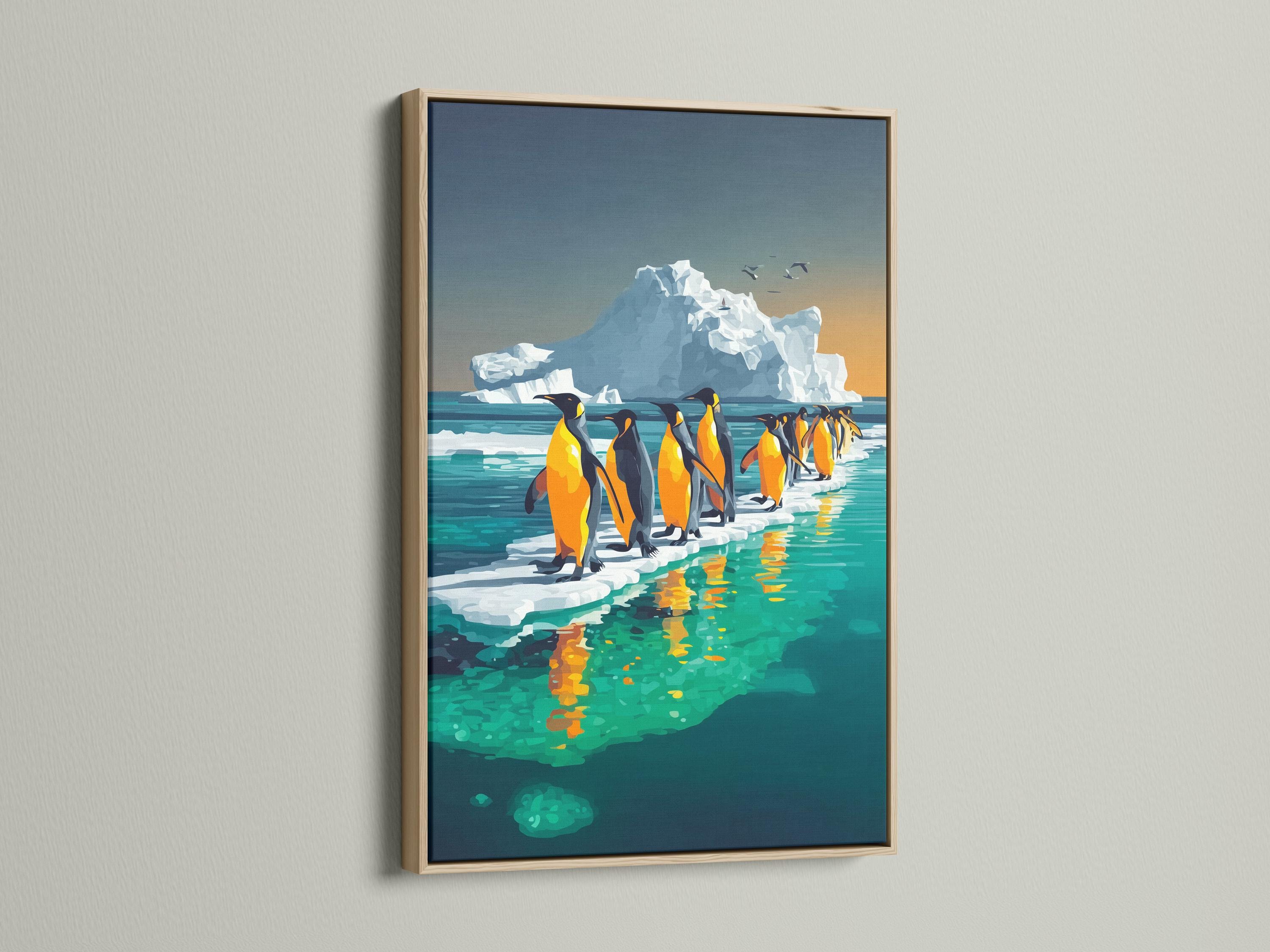 A person holding a camera stands near a framed penguin artwork in a light room